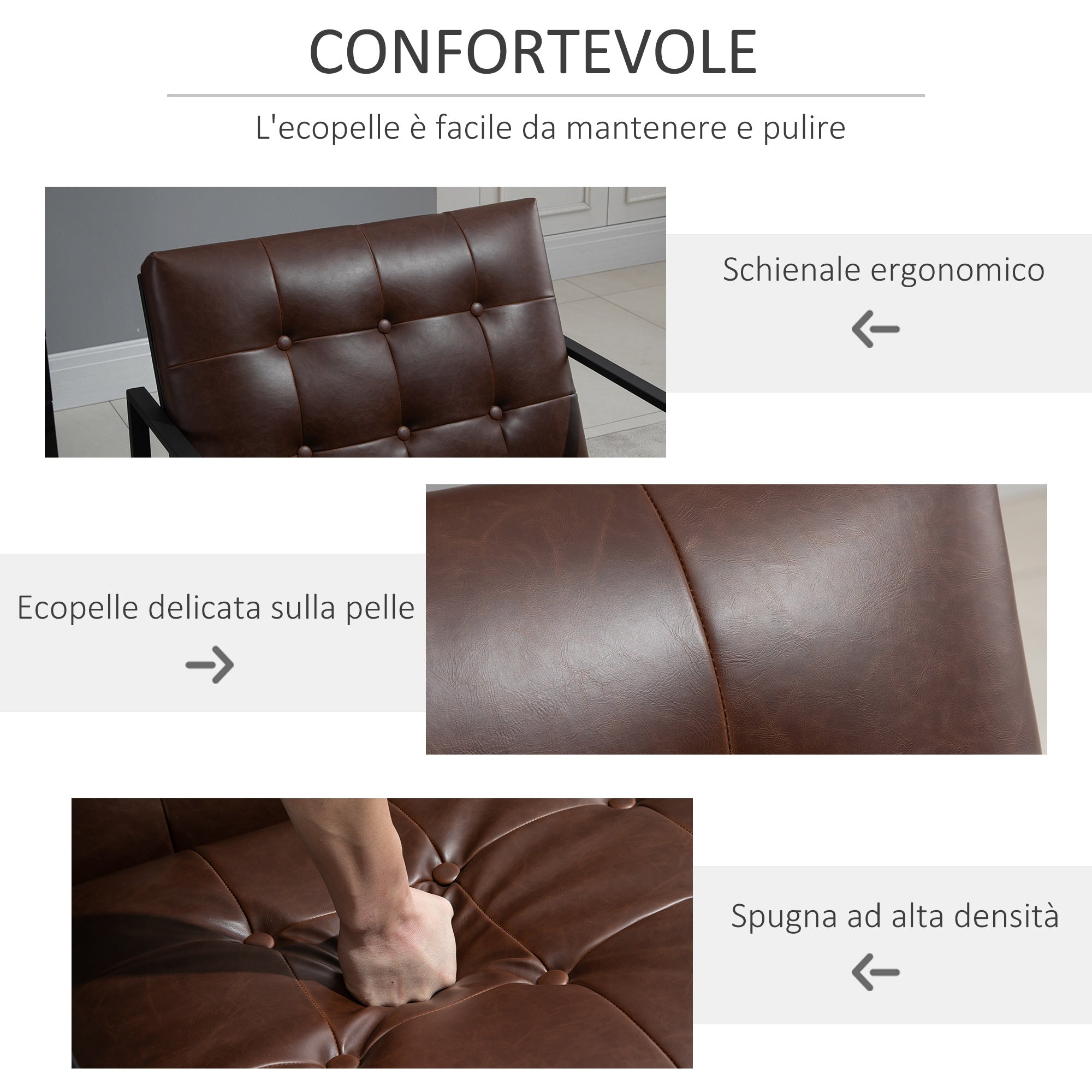 Easycomfort Poltrona Imbottita Stile Industriale Trapuntata a Bottoni, Arredamento Moderno Poltroncina da Ingresso in Metallo e PU, 75x81x78cm Marrone