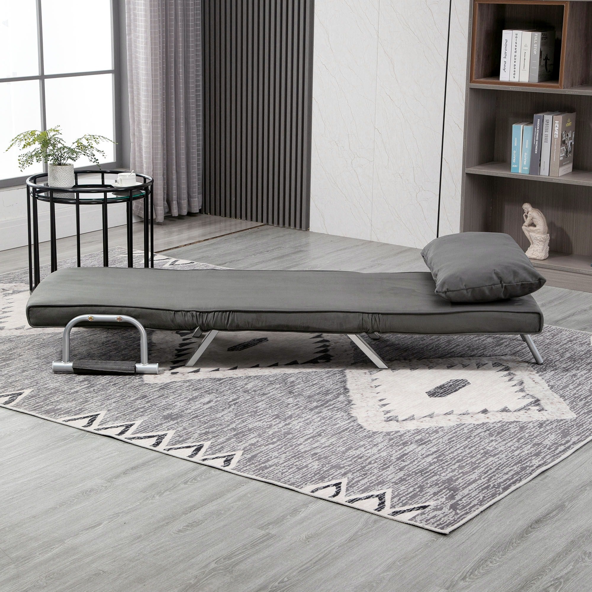 Easycomfort Poltrona Letto Singolo 3 in 1 with Schienale Reclinabile su 5 Livelli e Cuscino, Divano Letto Singolo Pieghevole per Soggiorno e Salotto in Pelle Scamosciata e Metallo, 65x69x80 cm, Grigio