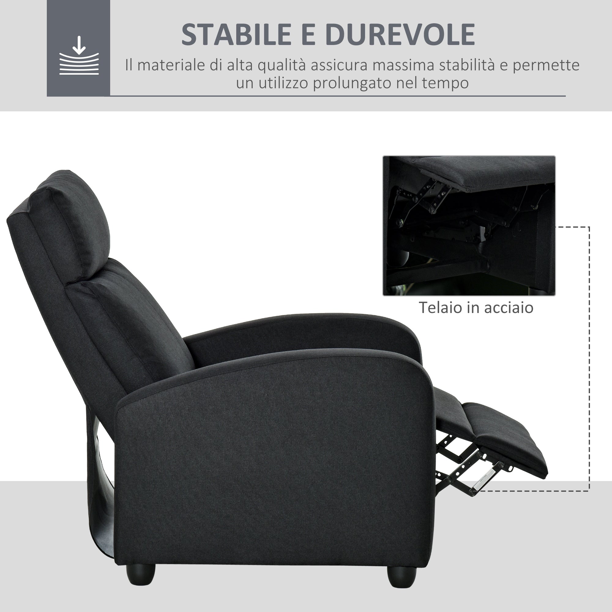 Easycomfort Poltrona Relax Imbottita with Schienale Reclinabile 135° e Poggiapiedi Estraibile, in Lino black, 69x87x100.5cm