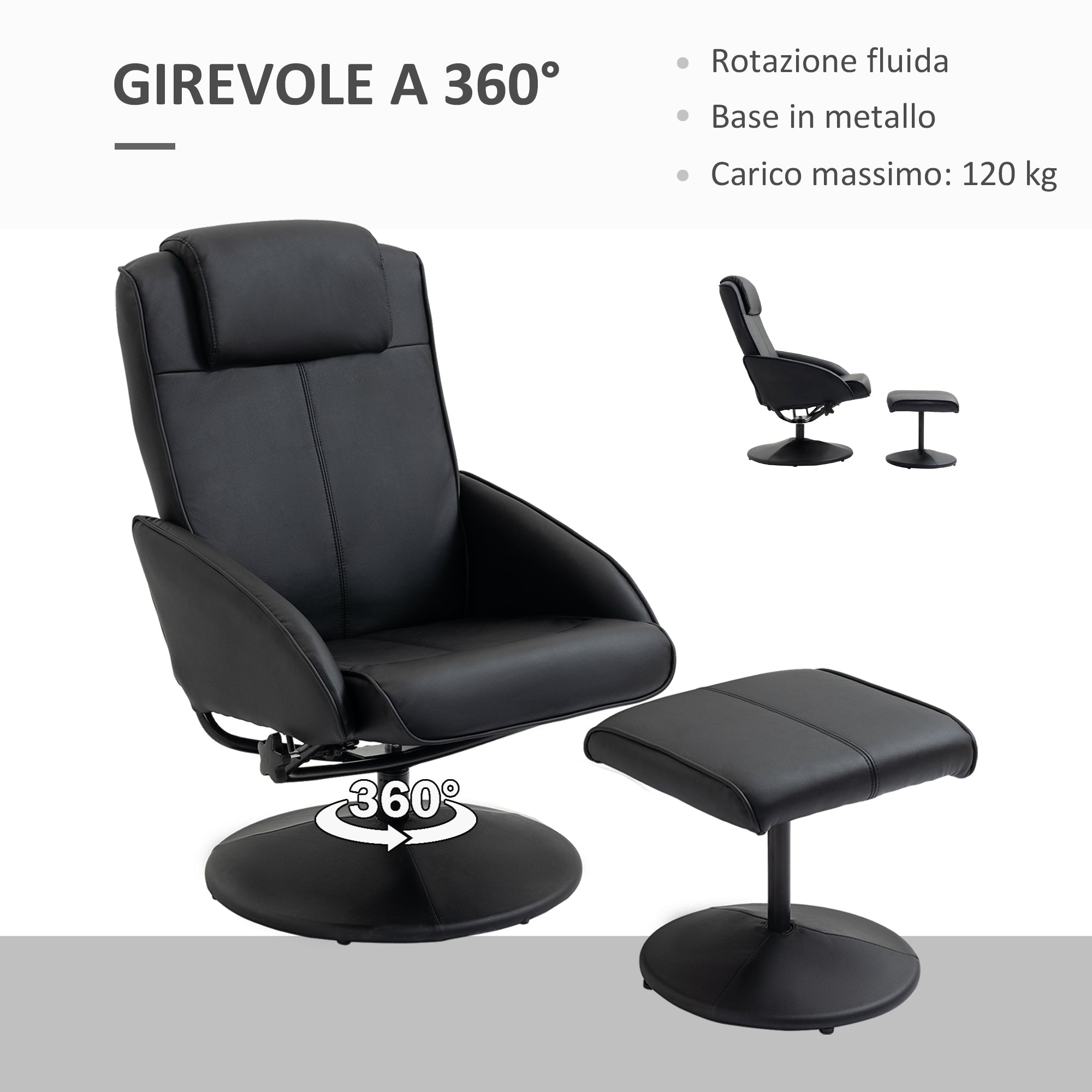 Easycomfort Poltrona Relax Reclinabile with Pouf Poggiapiedi Abbinato e Rivestimento in Finta pelle, black