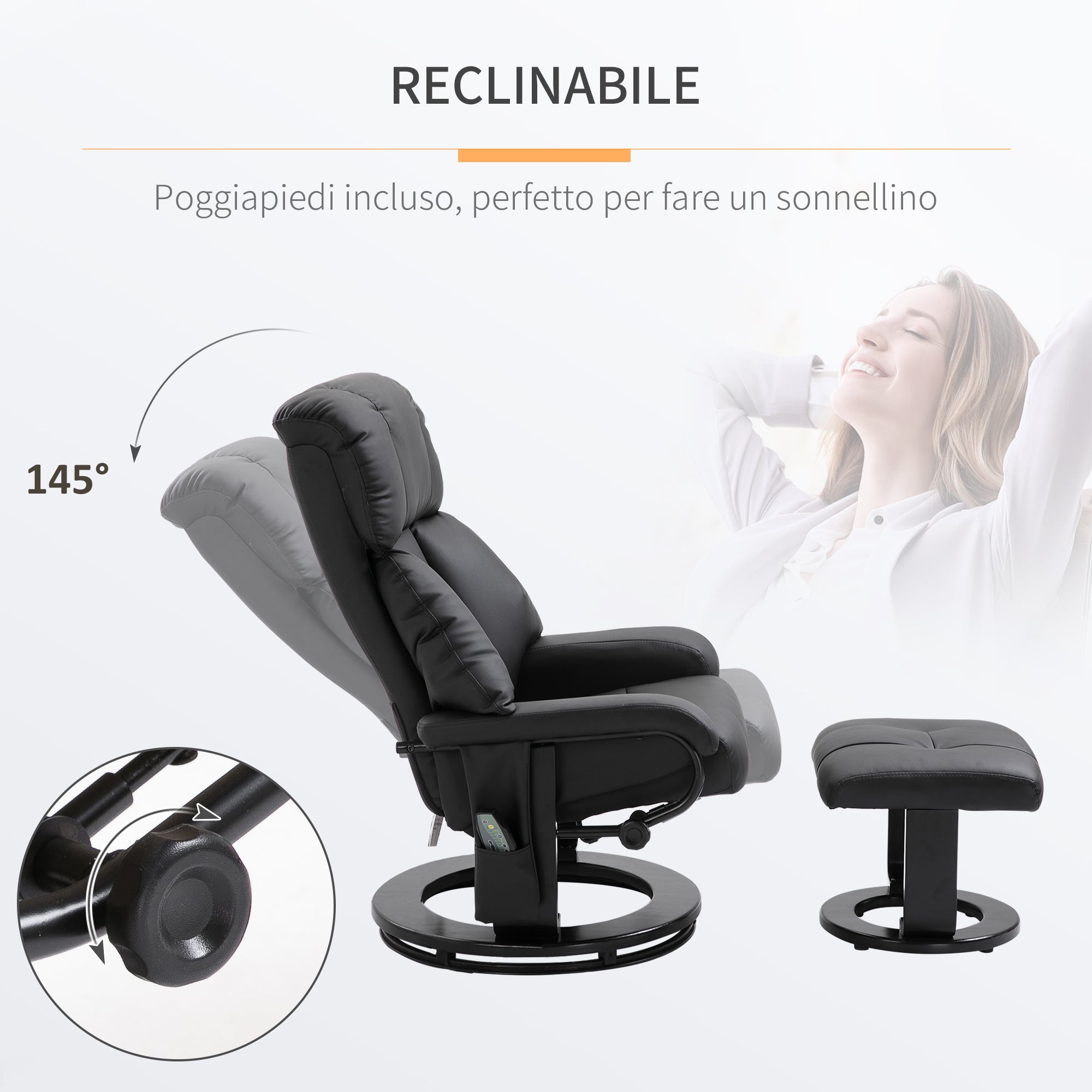 EasyComfort Relaxfauteuil met massage, voetenbank en afstandsbediening, 76x80x102 cm zwart
