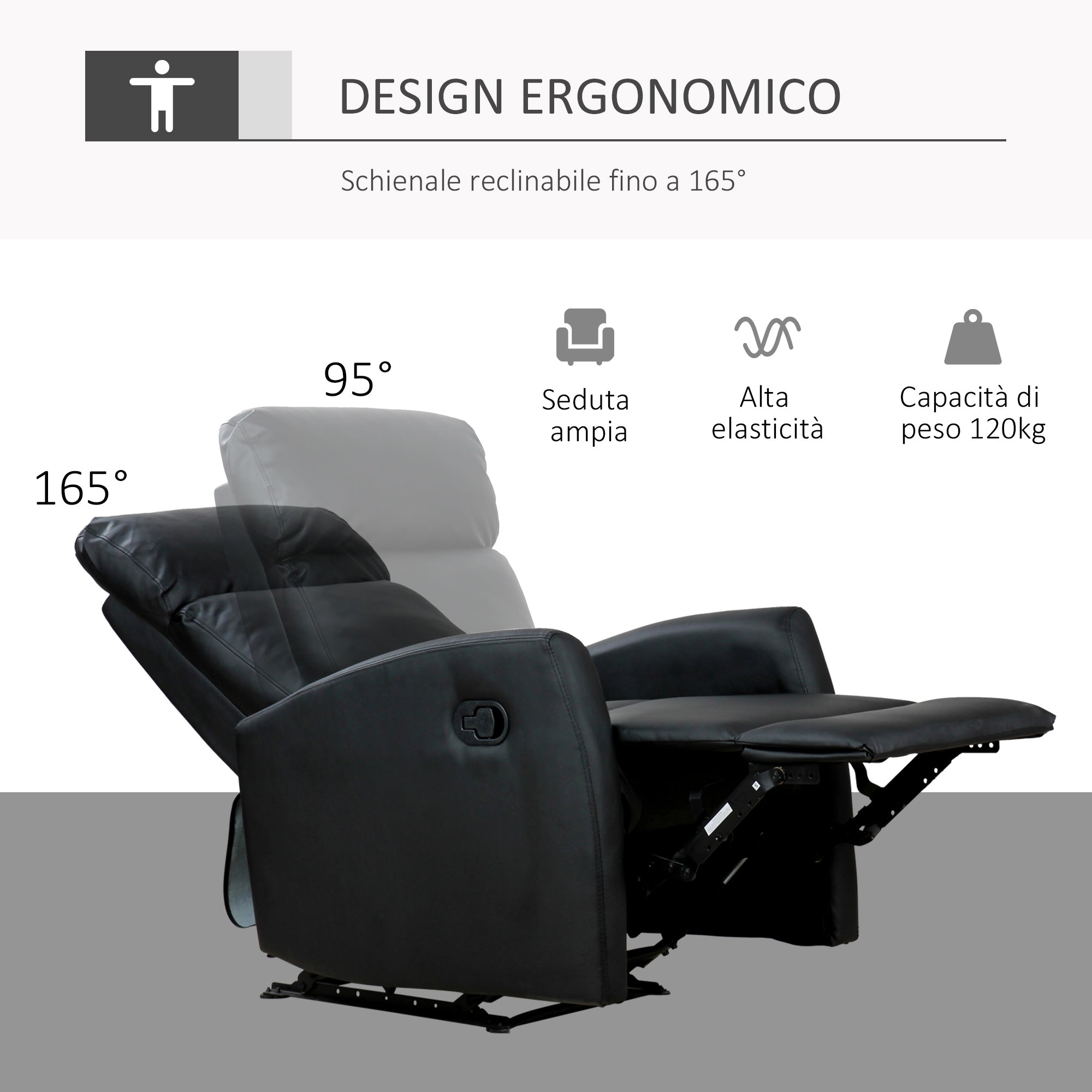 Easycomfort Poltrona Relax Reclinabile, Regolabile ed Ergonomica, in Pelle PU with Imbottitura, per Casa e Ufficio, 65x92x100 cm, Nera