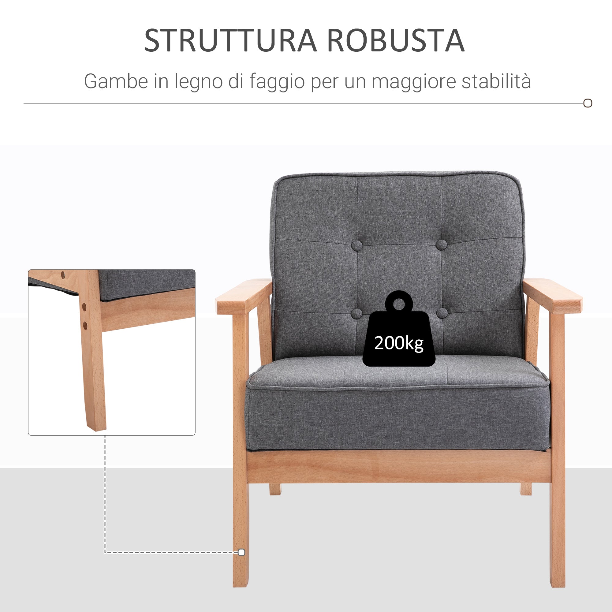 Easycomfort Poltrona Stile Scandinavo Imbottita e Trapuntata a Bottoni in Tessuto e Legno, 64.5x70x74cm, Grigio