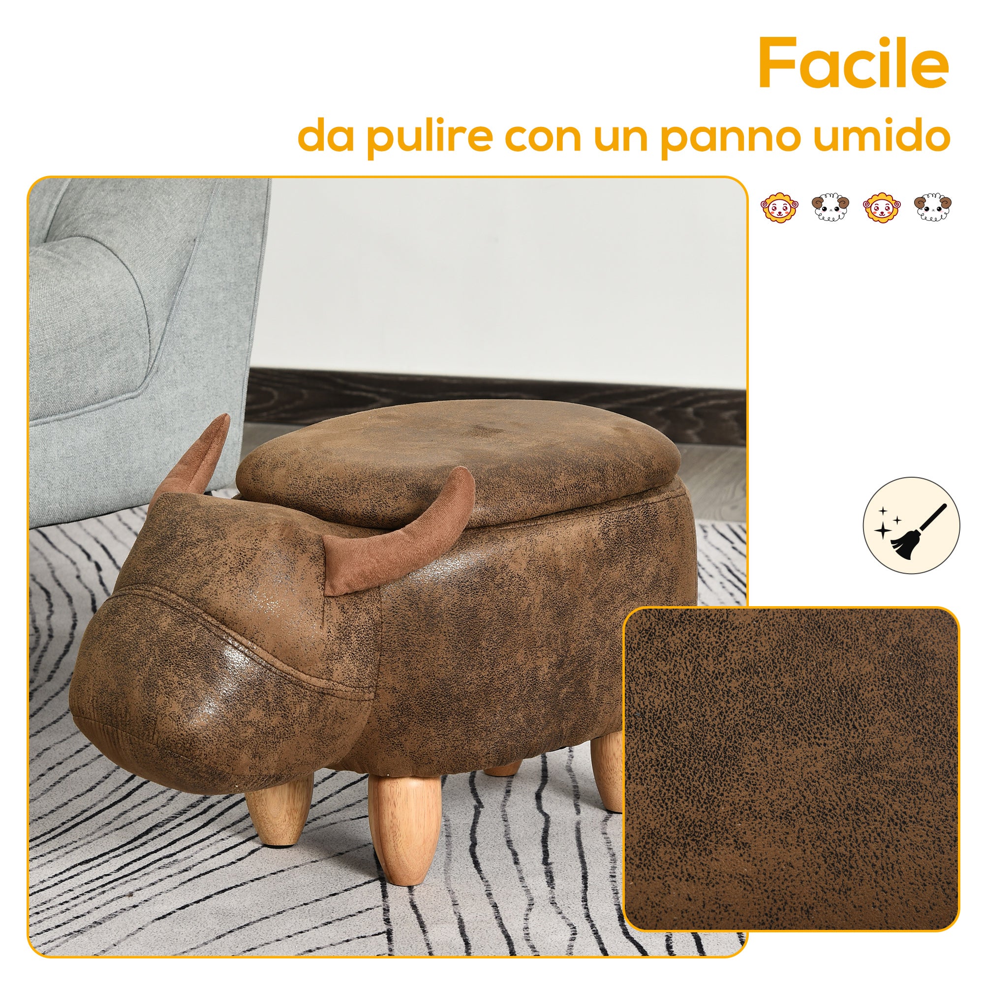 Easycomfort Pouf Contenitore a Forma di Bufalo, Pouf Moderno da Salotto, Sgabello Poggiapiedi, Struttura in Legno, Seduta Imbottita, 62x35x36cm, Marrone