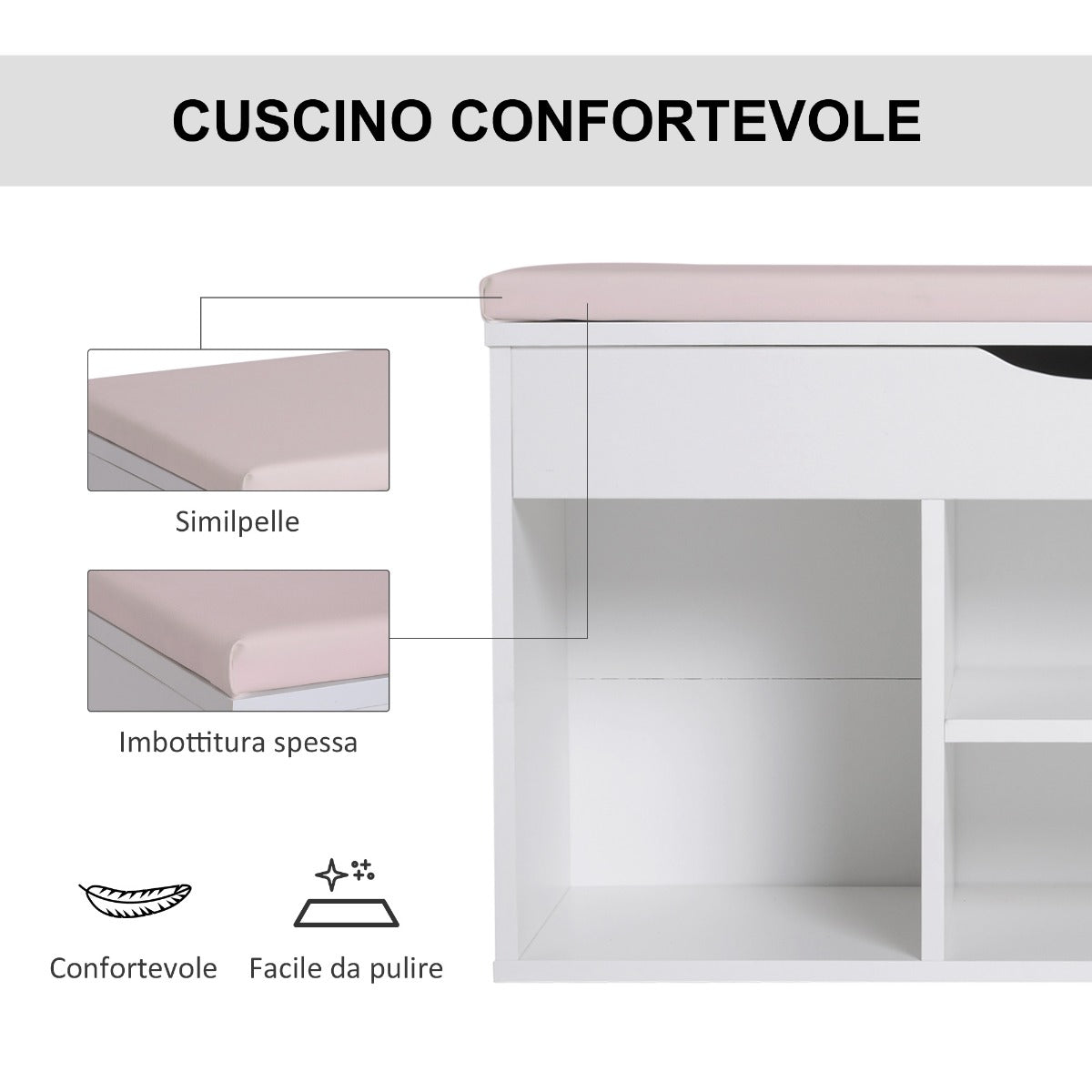 Easycomfort Scarpiera Panca with Sedile Imbottito Ribaltabile da Ingresso Legno 80x30x47cm white