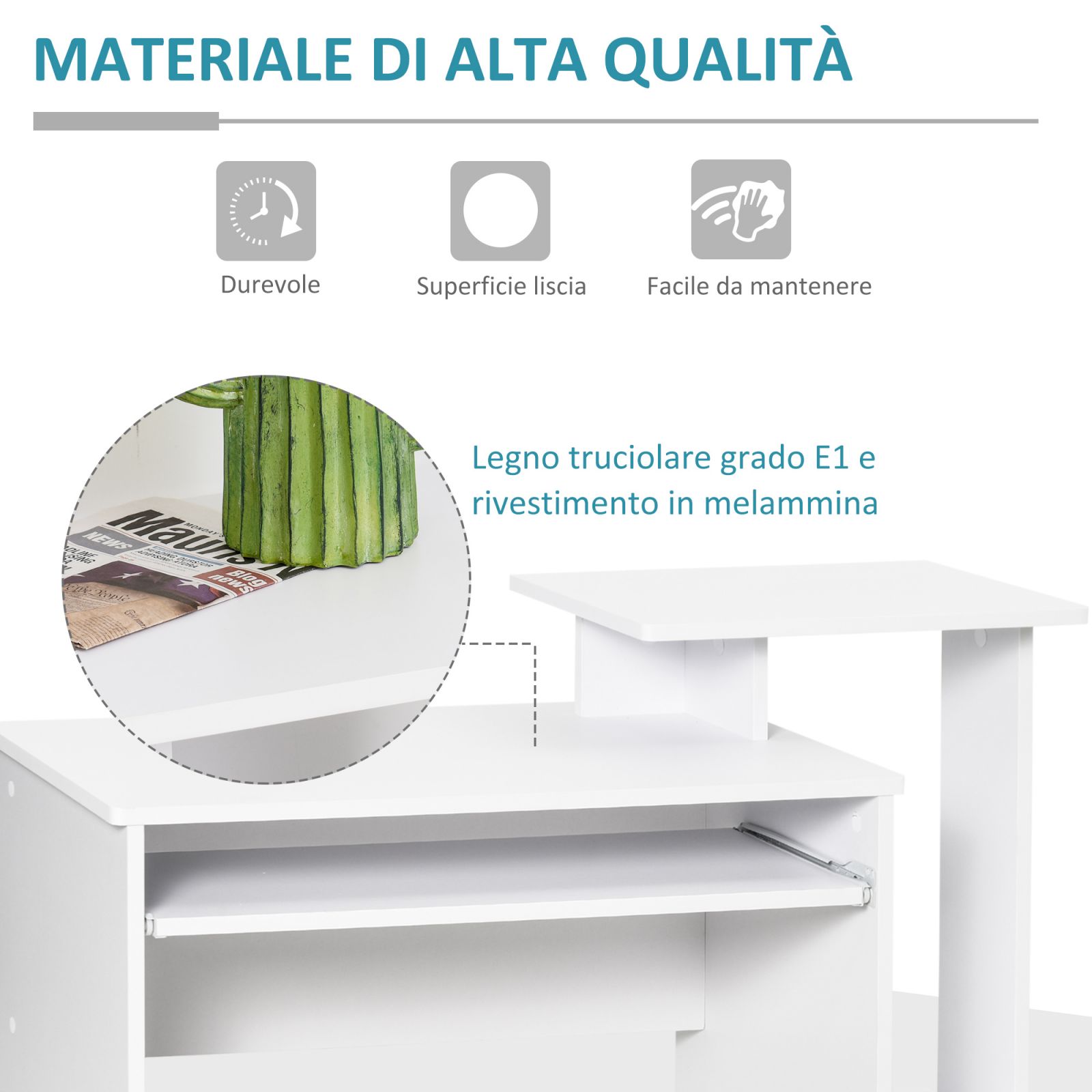 Easycomfort Scrivania Moderna per PC with Mensola Porta Tastiera, Ripiano e Cassetto in Tessuto, in Legno, 100x40x86.6cm, white