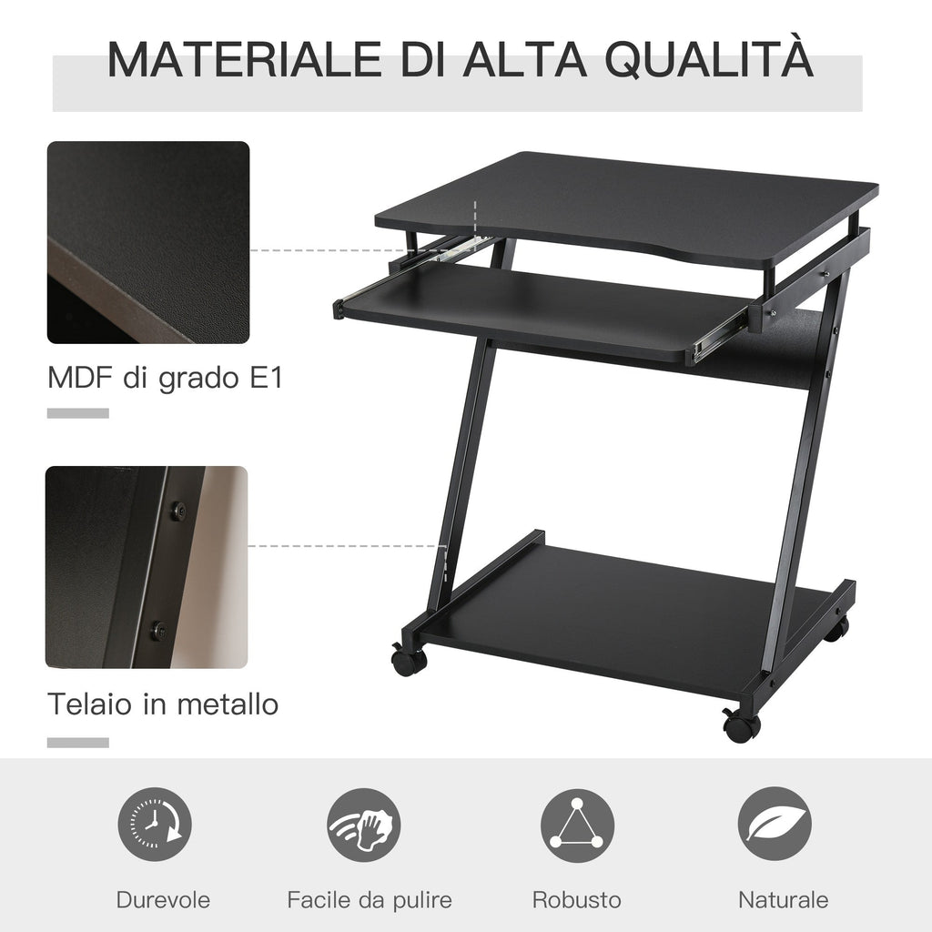 Easycomfort Scrivania per Computer Porta PC Classico e Salvaspazio, Scrivania per cameretta with Piano Tastiera a Scomparsa, 4 Ruote e Ripiano Inferiore black 60x48x73cm