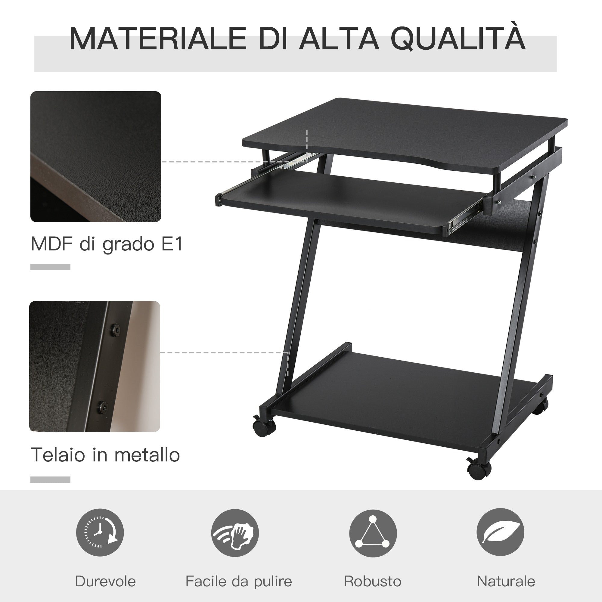 Easycomfort Scrivania per Computer Porta PC Classico e Salvaspazio, Scrivania per cameretta with Piano Tastiera a Scomparsa, 4 Ruote e Ripiano Inferiore black 60x48x73cm