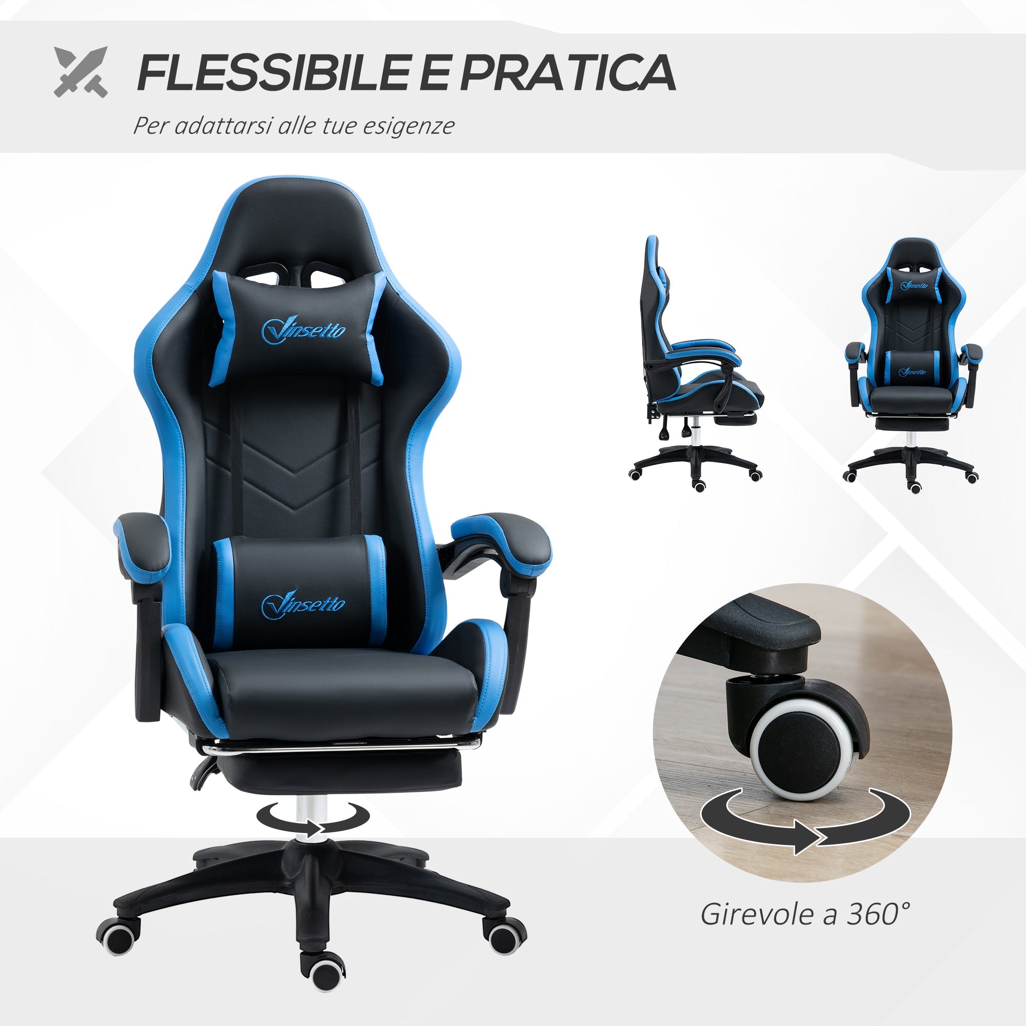 EasyComfort gamingstoel met voetsteun – 65x65x121-129 cm, blauw/zwart