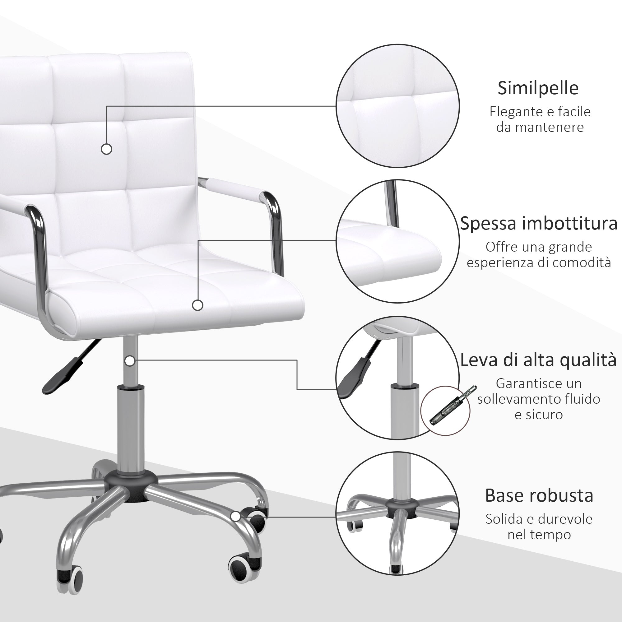 Easycomfort Sedia da Ufficio in pelle PU Bianca with 5 Ruote Girevoli, Imbottitura e Altezza Regolabile, 52.5x54x84-99cm