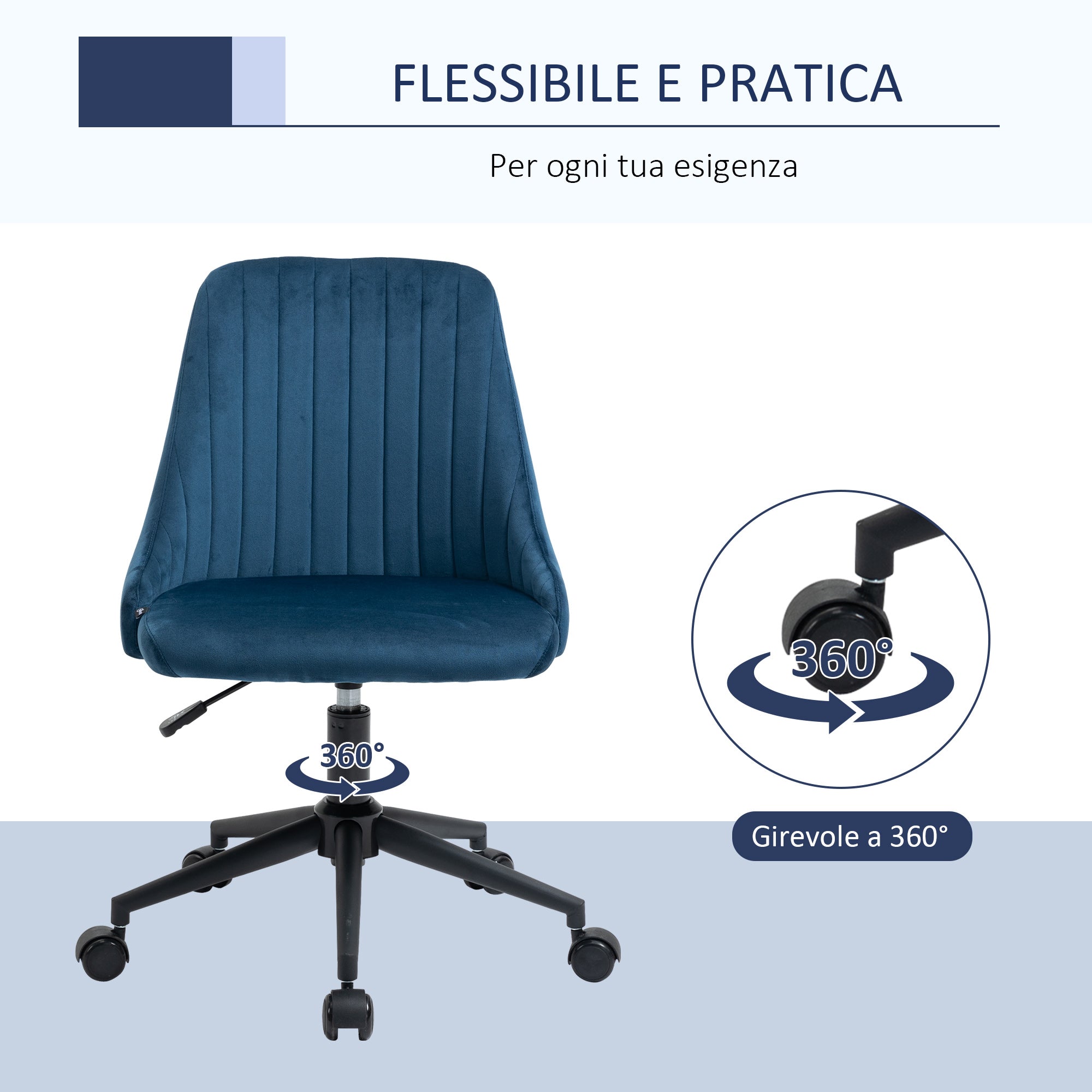 Easycomfort Sedia da Ufficio in Velluto Blu with Altezza Regolabile, Sedia Ergonomica Girevole a 360° e Ruote, 50x58x77-87cm