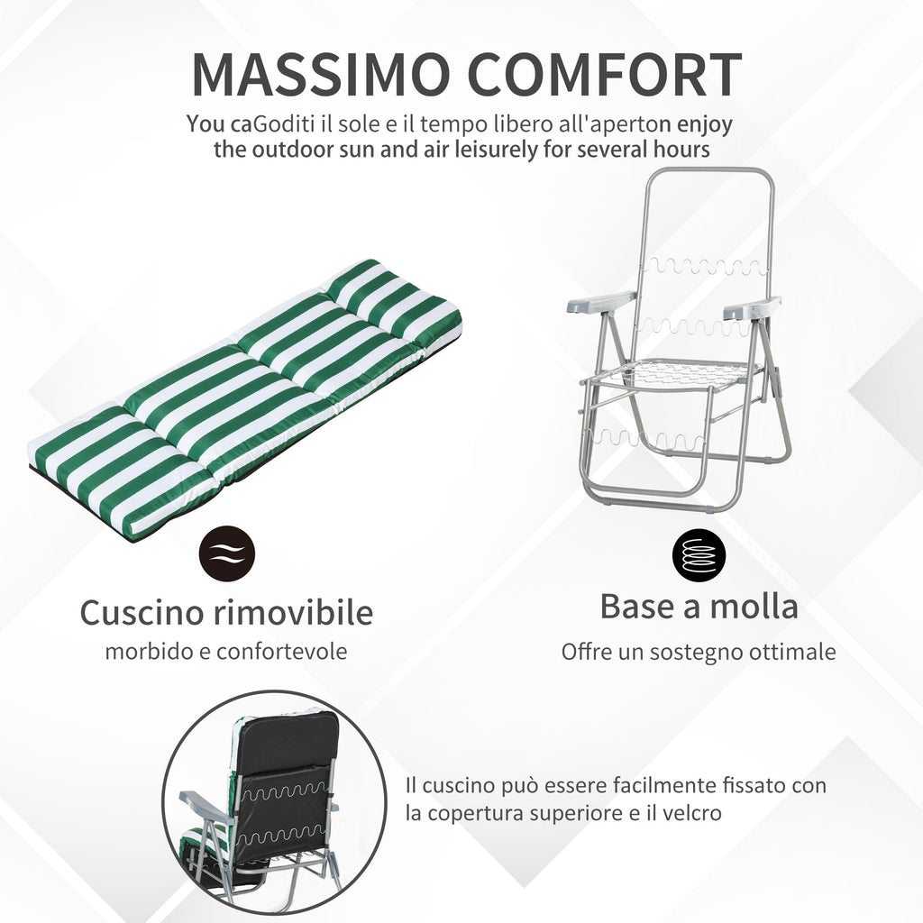 EASYCOMFORT 2-Piece Folding and Reclining Beach Deck Chair, Garden Sun Loungers with Padded Cushion, Green and White