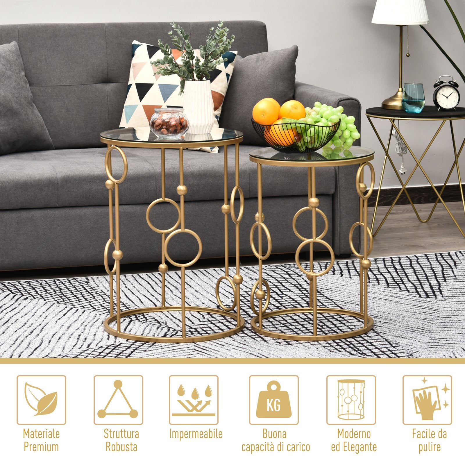 Easycomfort Set 2 Pezzi Tavolini da Caffè Design Elegante with Motivi a Cerchio, Metallo e Vetro Temperato Φ41x57cm & Φ36x51cm, Oro