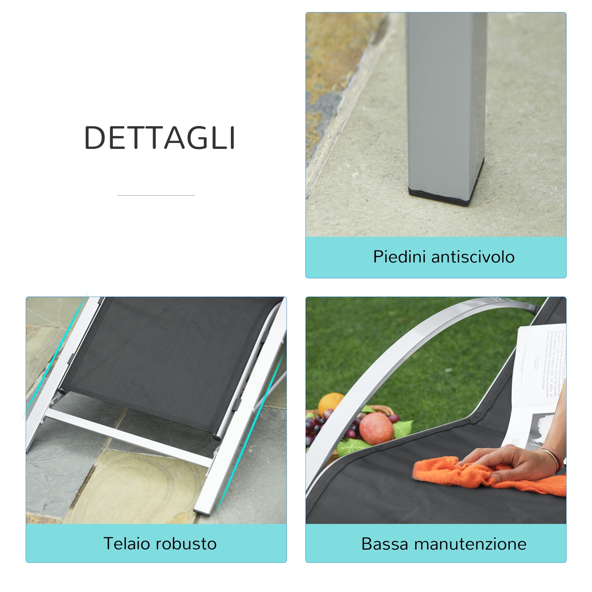 Easycomfort Set 2 Sdraio da Giardino e Tavolino with Vetro, Lettino Prendisole with Tessuto Traspirante 59 x 169 x 66cm, black Grigio