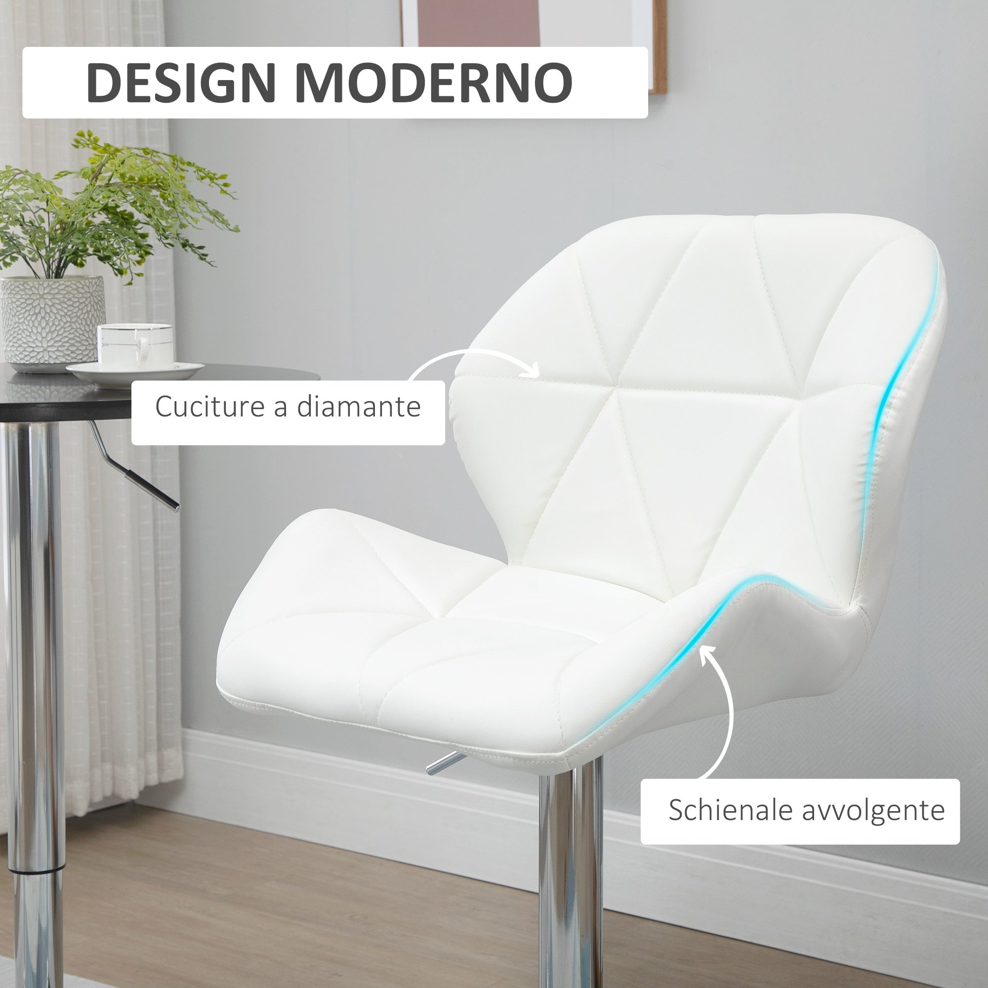 EasyComfort Set 2 Sgabelli Alti da Bar Moderno Girevoli with Altezza Regolabile, Sedia with Rivestimento Similpelle e Base Rotonda, white