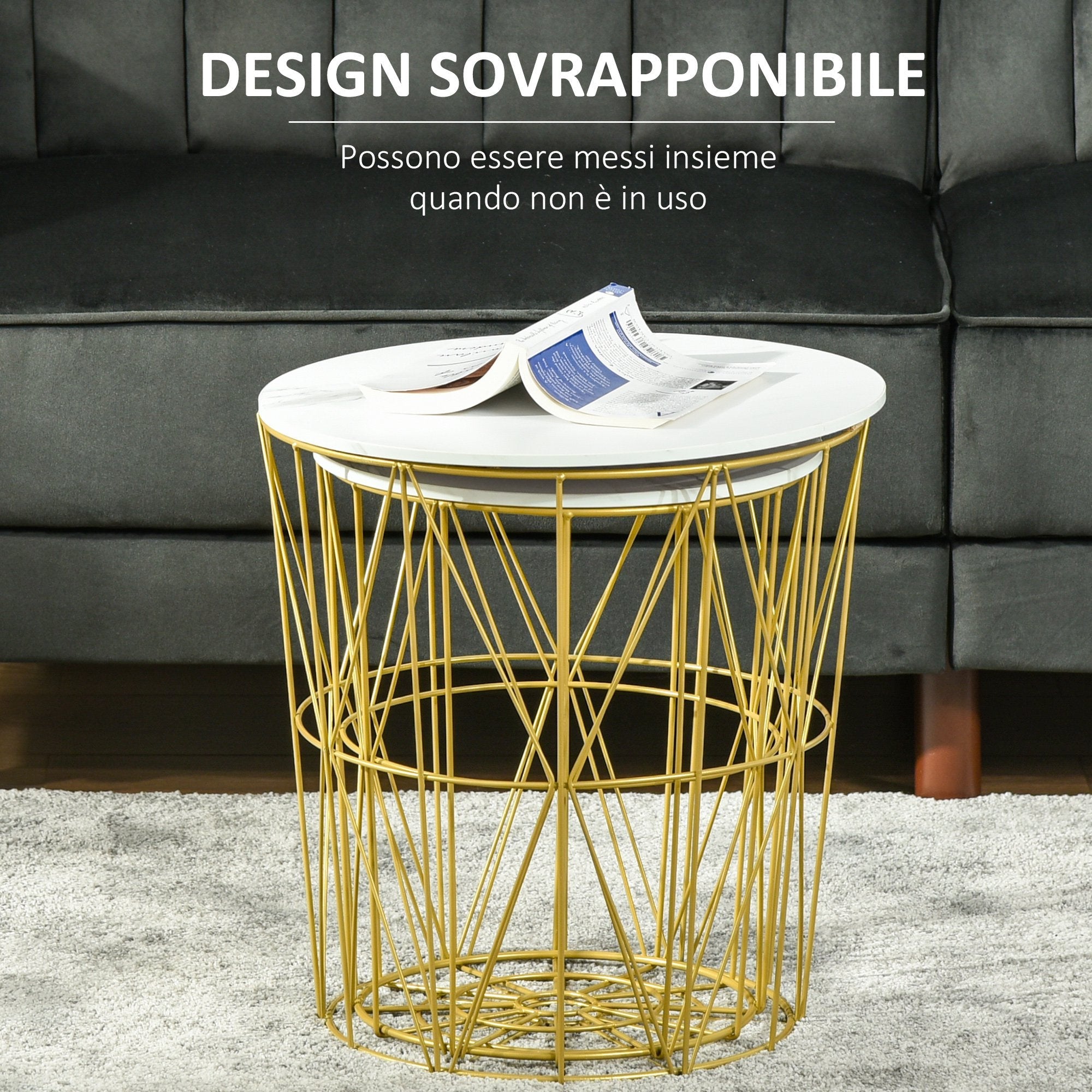 Easycomfort Set 2 Tavolini da Salotto Moderni Impilabili with Ripiano Rimovibile, Tavolino da Caffè with Contenitore per Soggiorno e Camera, white Oro