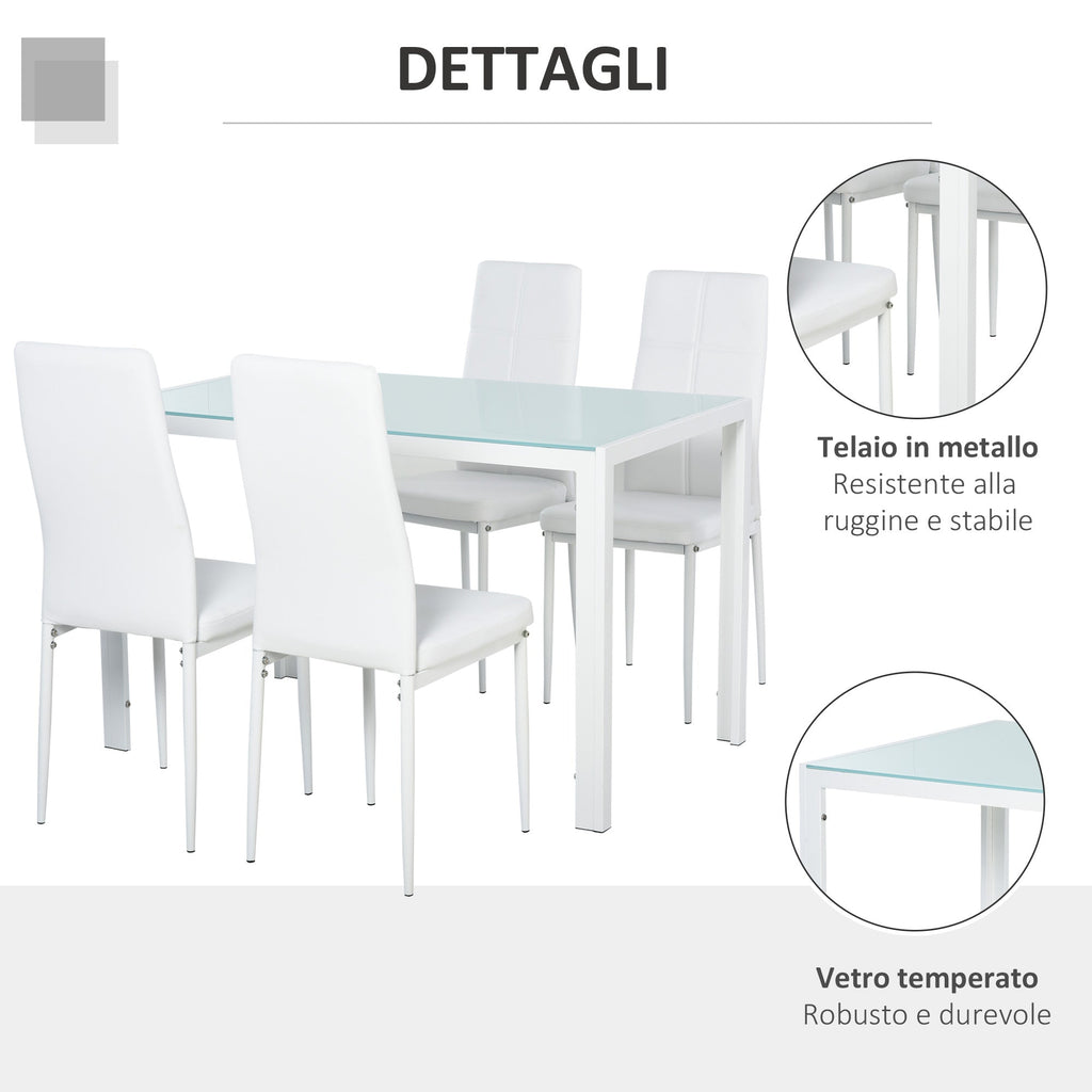 Easycomfort Set 5 Pezzi with 1 Tavolo e 4 Sedie per Cucina o Sala da Pranzo in Finta Pelle, Metallo e Vetro Temperato, white