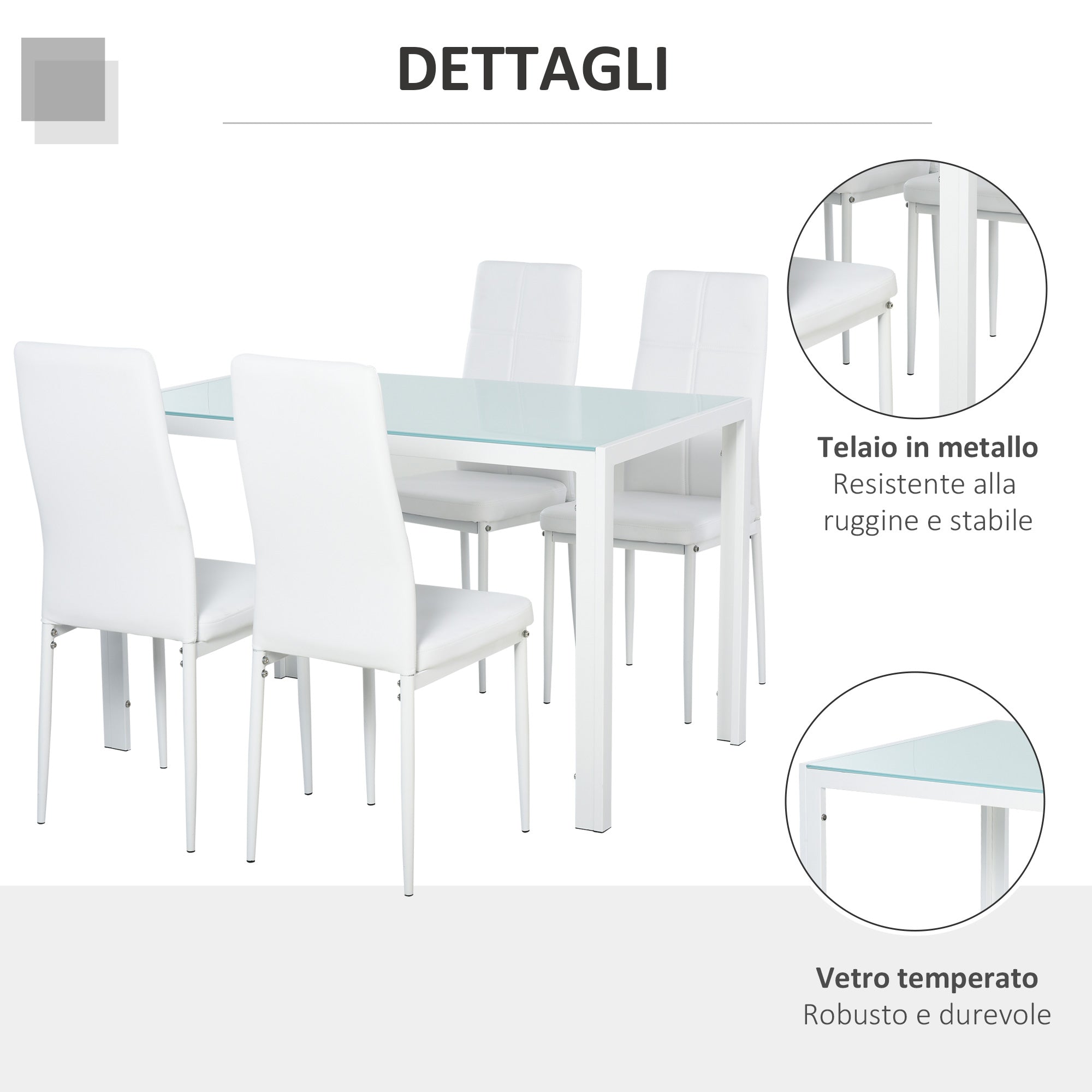 Easycomfort Set 5 Pezzi with 1 Tavolo e 4 Sedie per Cucina o Sala da Pranzo in Finta Pelle, Metallo e Vetro Temperato, white
