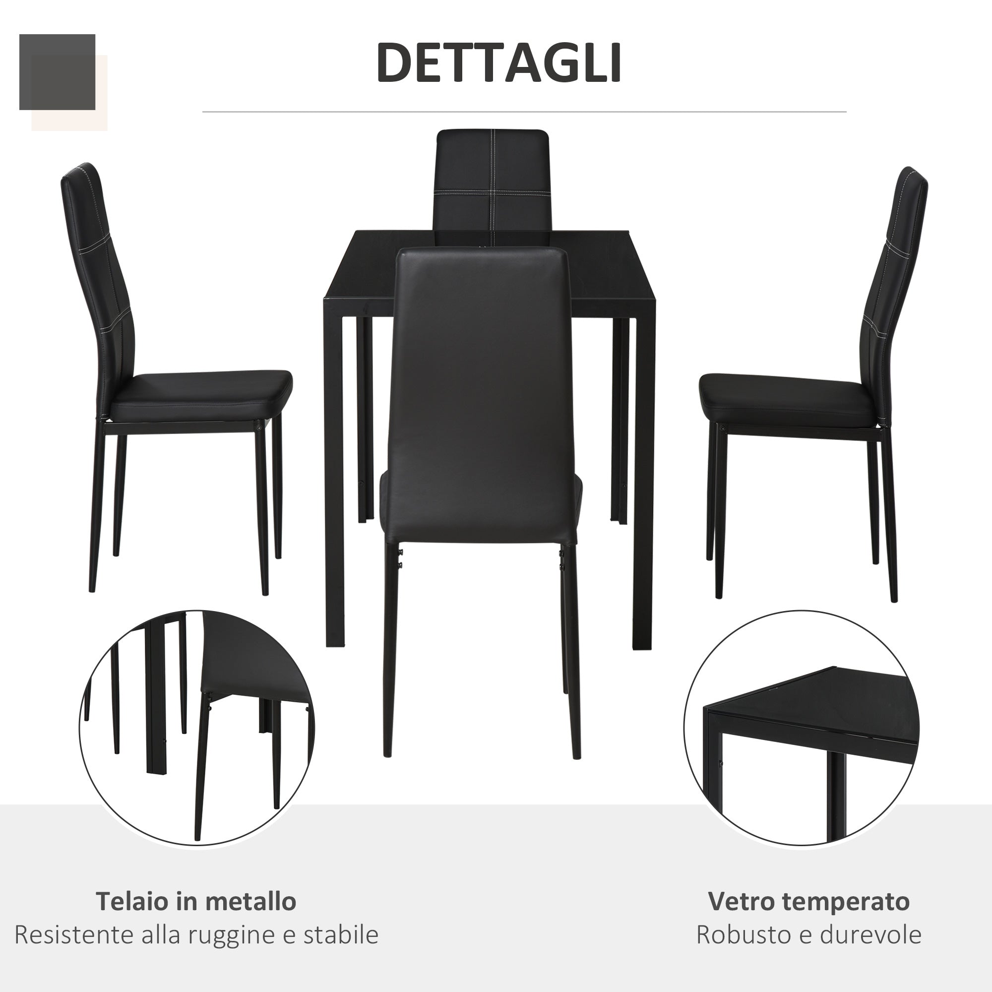 Easycomfort Set 5 Pezzi with 1 Tavolo e 4 Sedie per Cucina o Sala da Pranzo in Finta Pelle, Metallo e Vetro Temperato, black