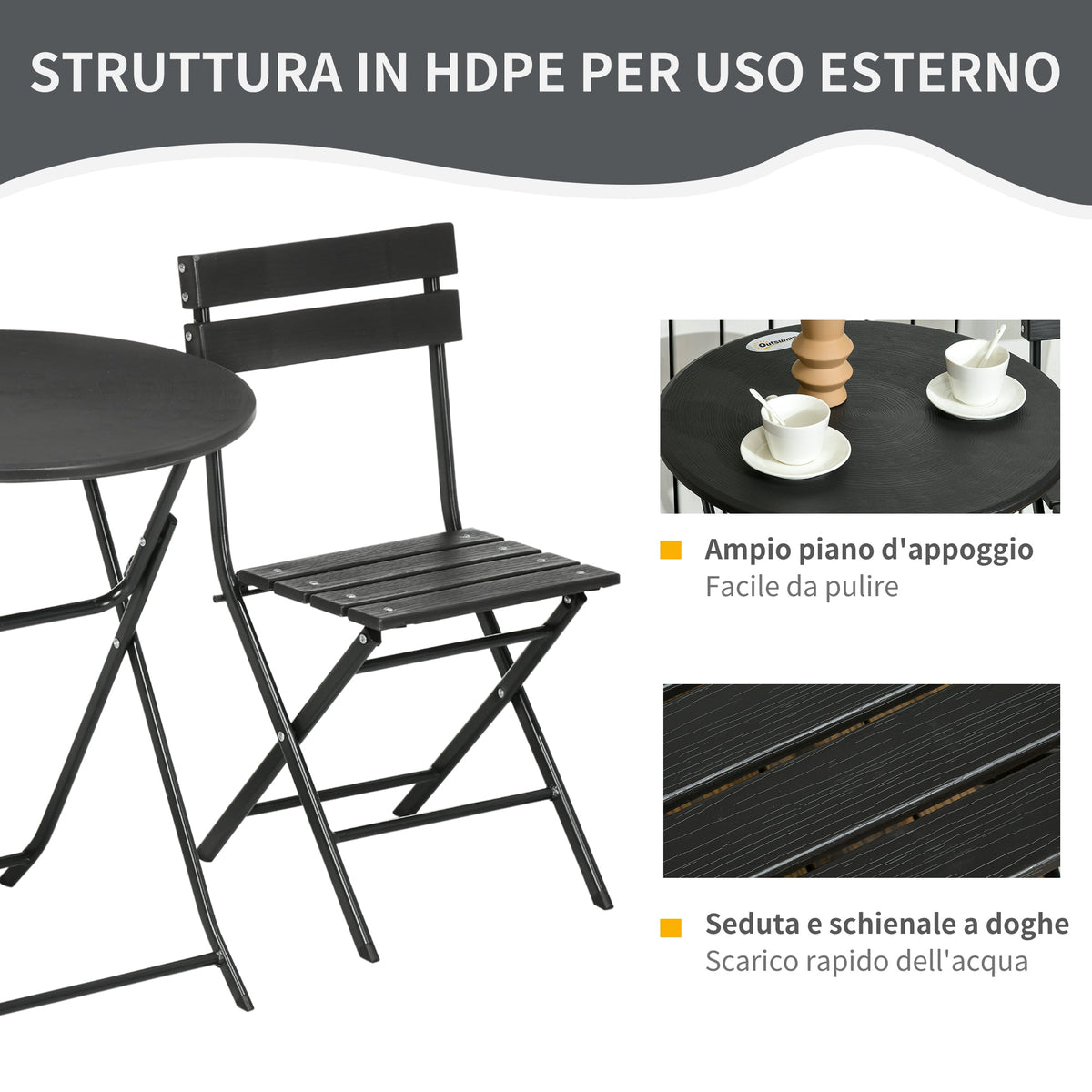 EasyComfort 3-delige tuinset met inklapbare tafel en 2 stoelen - donkergrijs