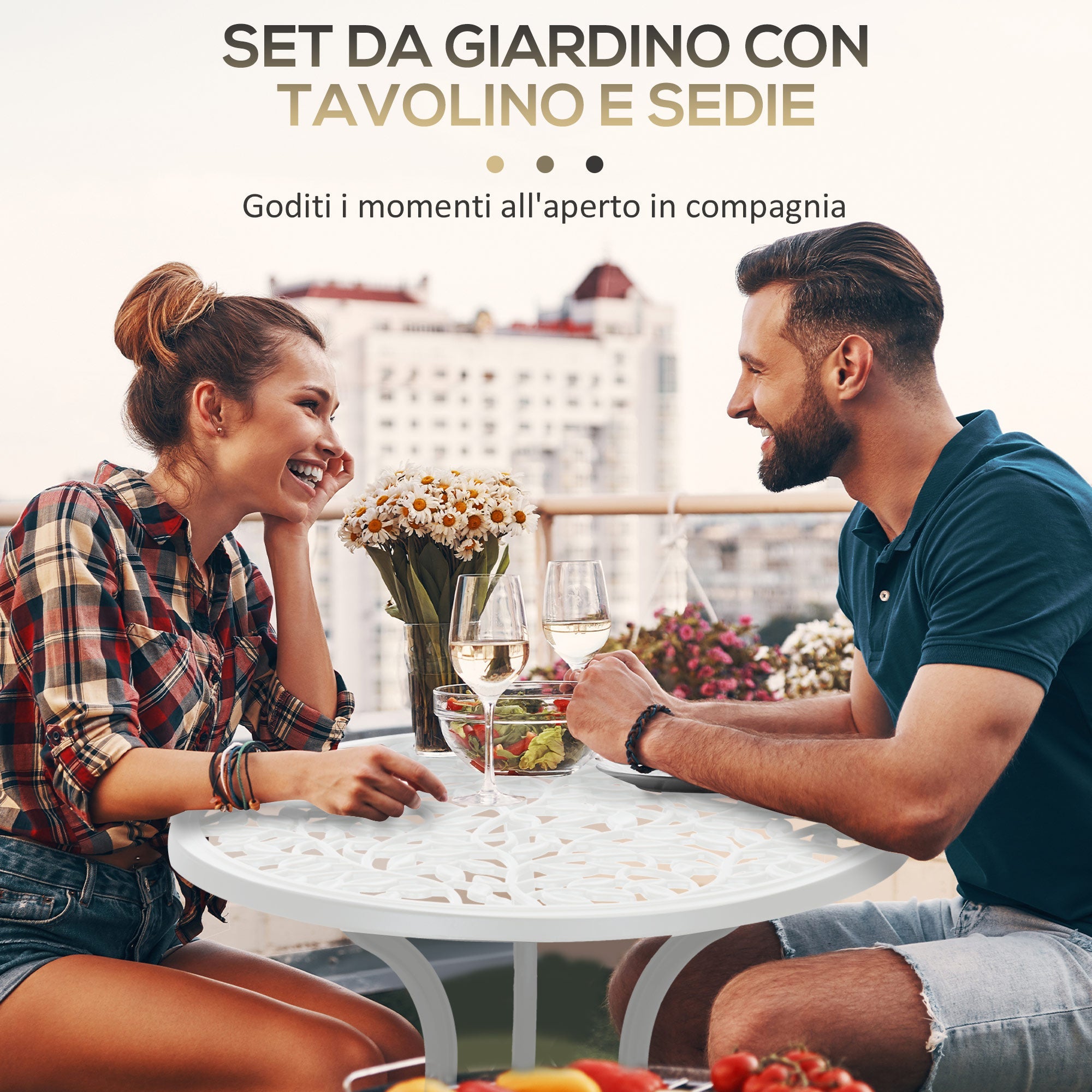 Easycomfort Set da Giardino 3 Pezzi in Alluminio white, 2 Sedie da Esterno 45x42x85.5 cm e Tavolino Rotondo Ø61x66.5 cm