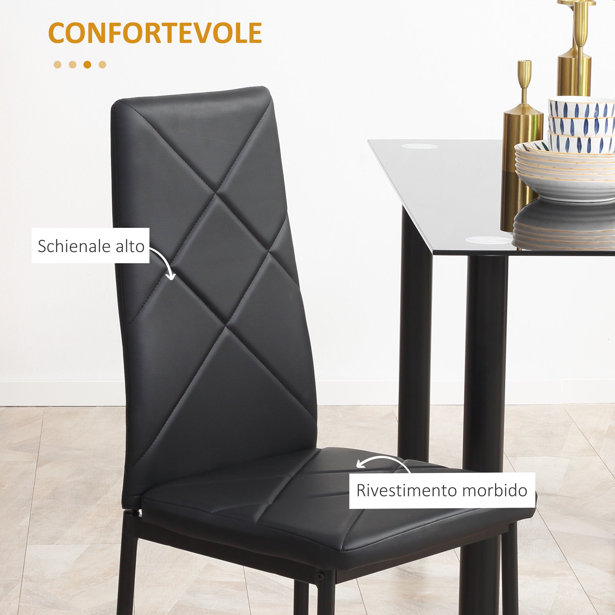 Easycomfort Set di 4 Sedie da Pranzo with Schienale Alto in Finta Pelle e Acciaio, 41x50x97cm, black