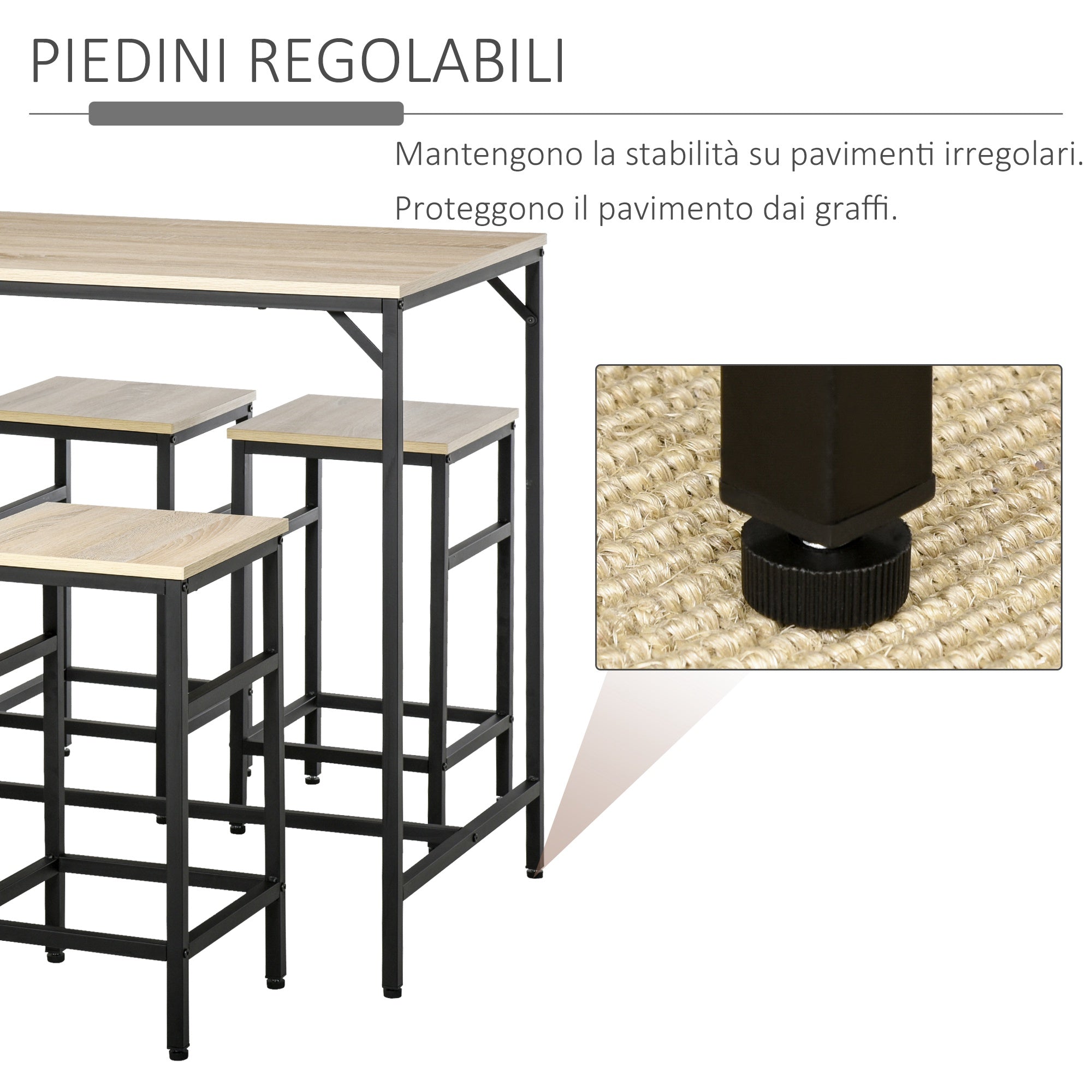 Easycomfort Set Tavolo Alto with 4 Sgabelli Stile Industriale in Metallo e Legno, Rovere Chiaro
