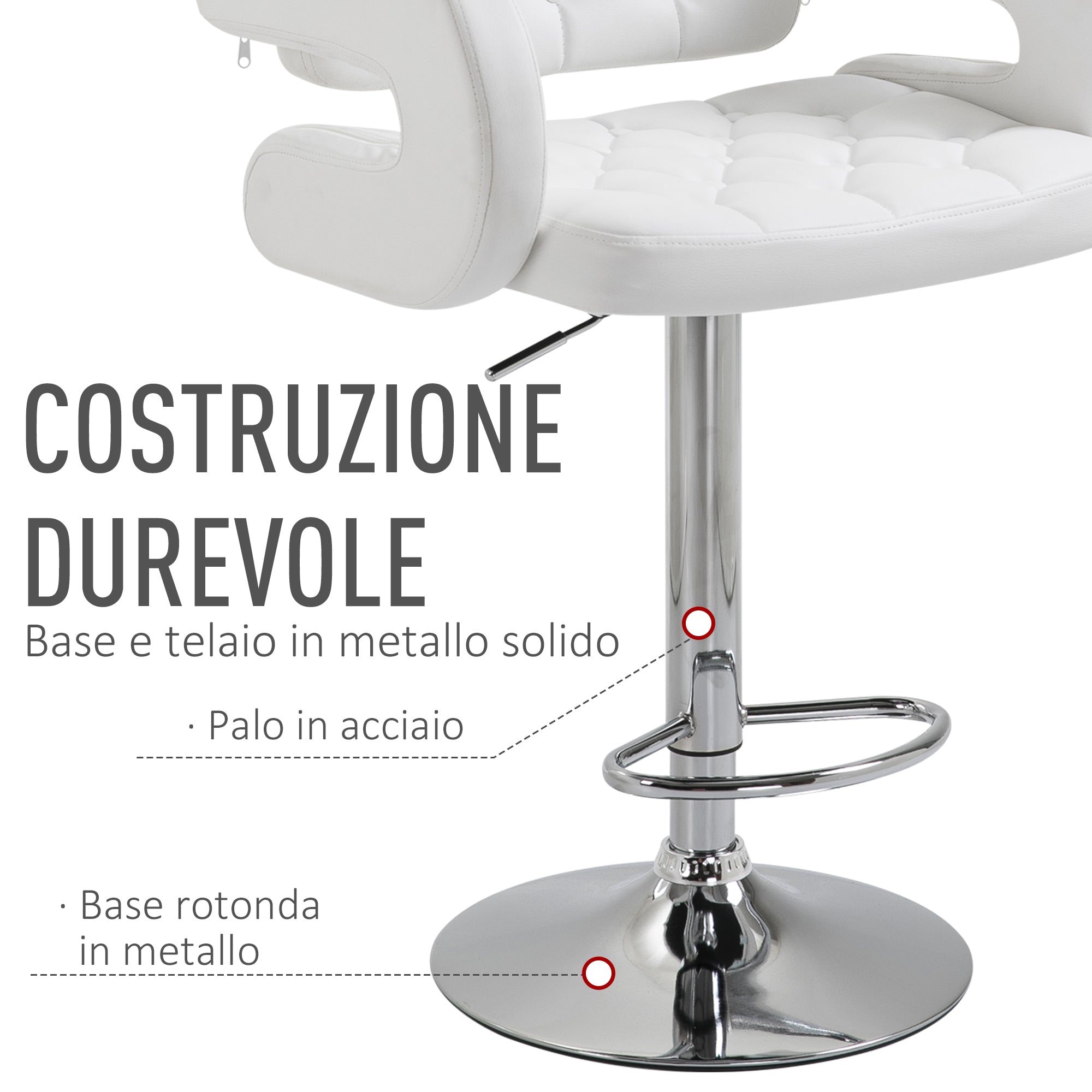 EasyComfort Sgabello Alto Moderno da Bar with Schienale e Braccioli, Regolabile e Girevole, per Cucina o Pub, 64x50x94-114cm, Bianca