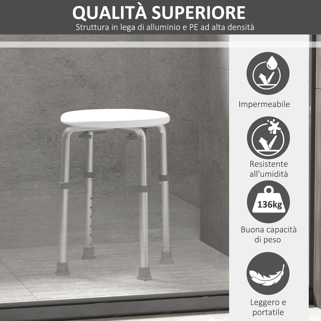 Easycomfort Sgabello da Doccia per Anziani with Ausilio Rotondo, Sedia da Bagno per Disabili with Altezza Regolabile 8 Posizioni, Piedini Antiscivolo, in Alluminio e PE, white