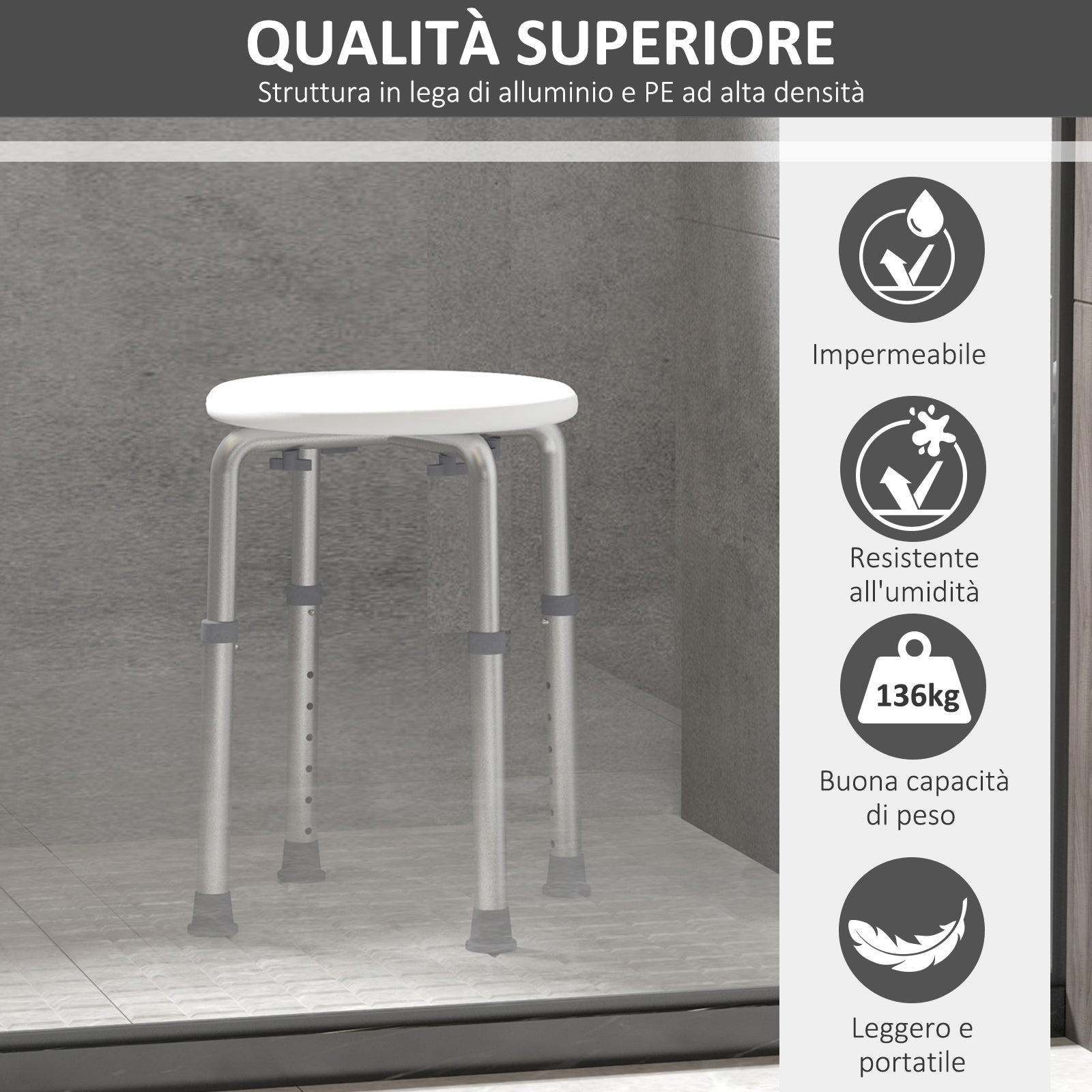 Easycomfort Sgabello da Doccia per Anziani with Ausilio Rotondo, Sedia da Bagno per Disabili with Altezza Regolabile 8 Posizioni, Piedini Antiscivolo, in Alluminio e PE, white