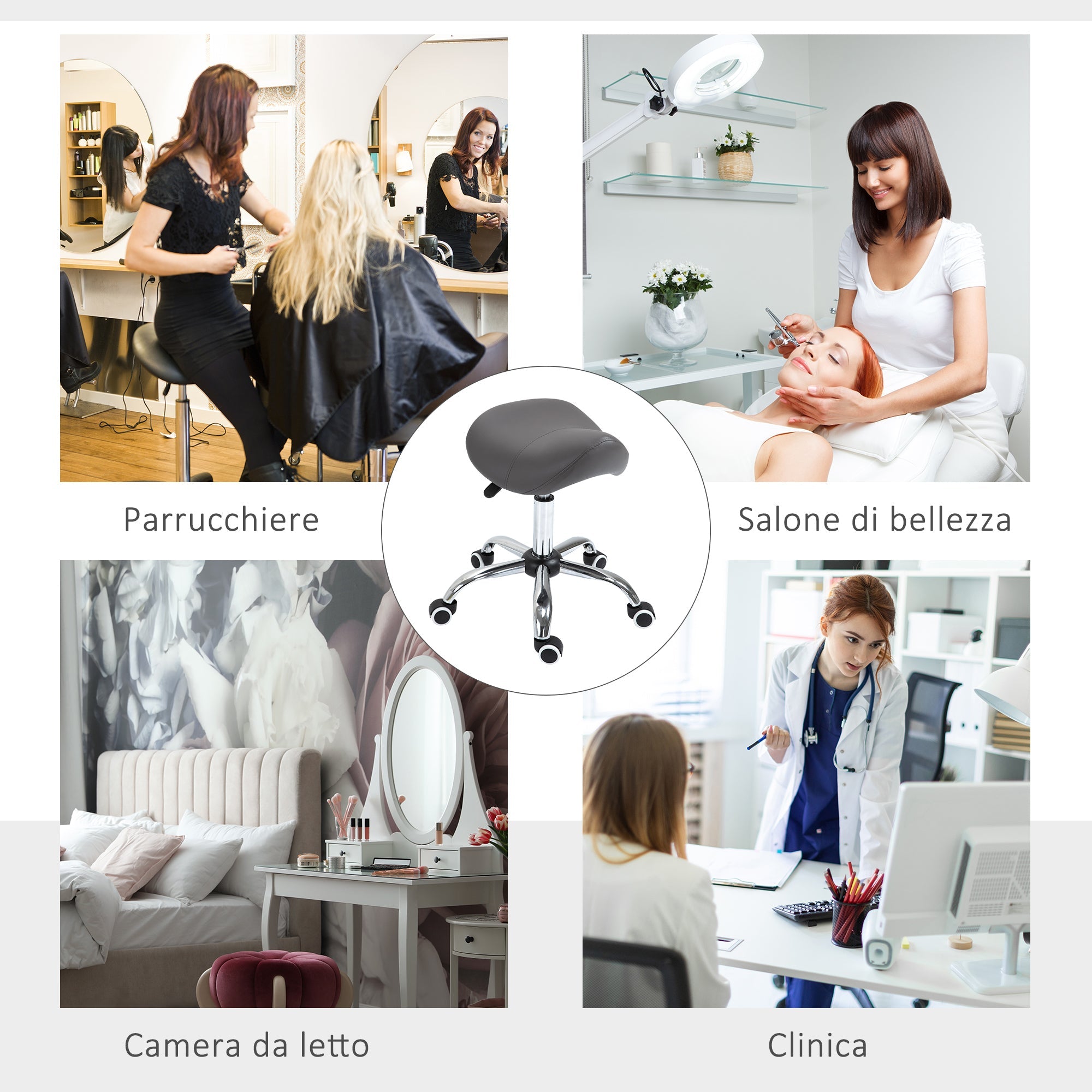 Easycomfort Sgabello da Lavoro a Sella with Ruote e Altezza Regolabile per Negozi Parrucchiere e Tattoo, 52x53x49-61cm Grigio