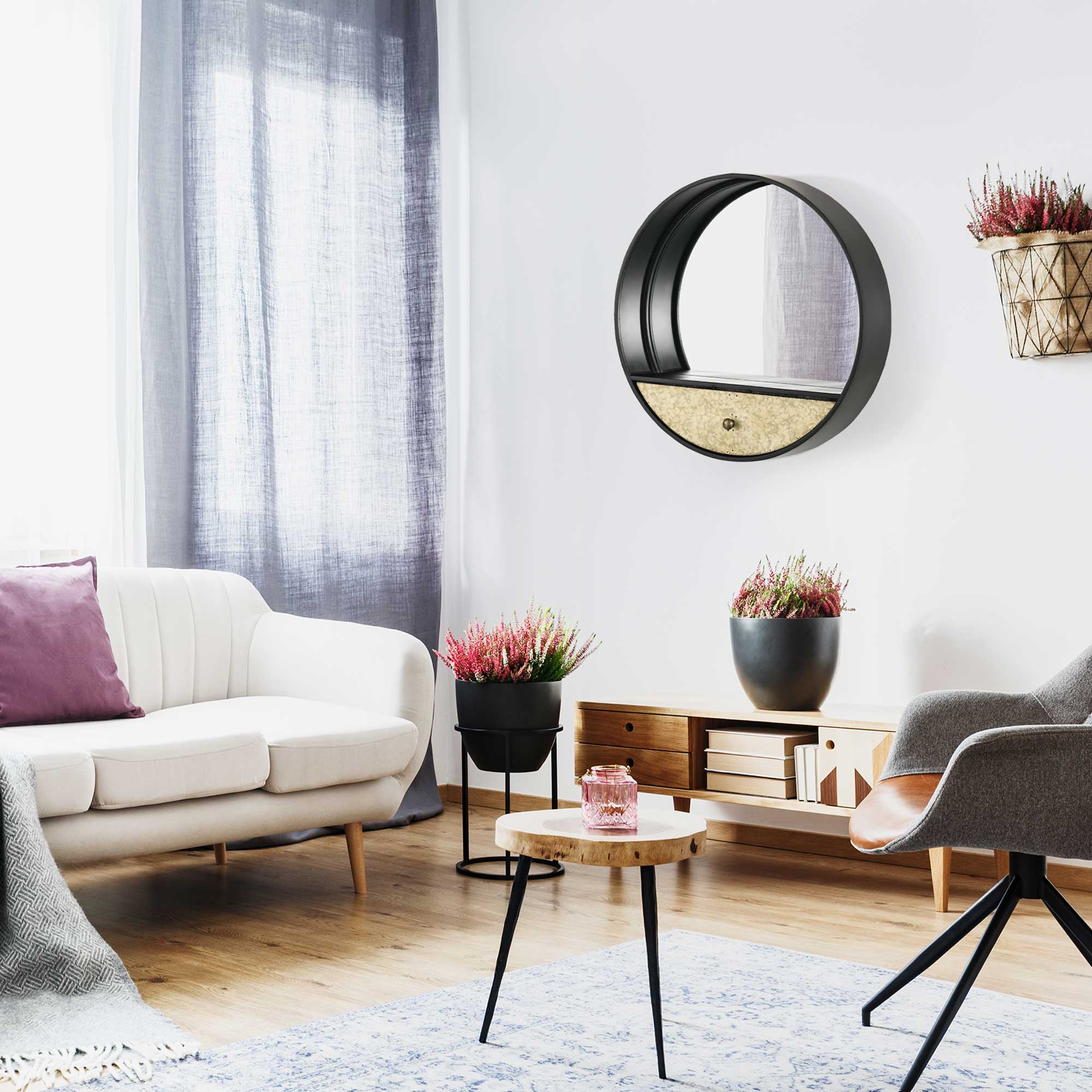 EasyComfort Spiegel rond Ø61 cm met lade en metalen rand (zwart)