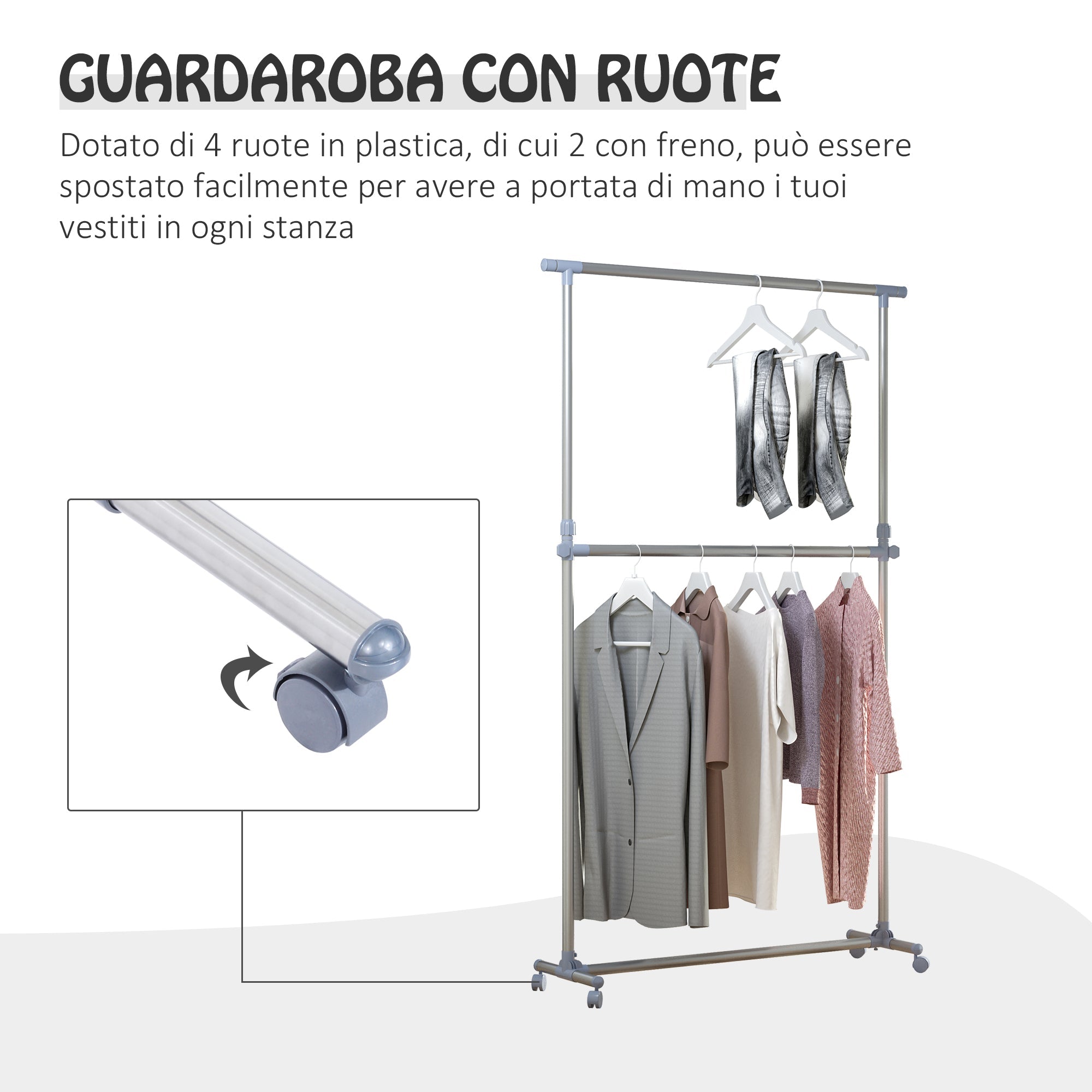 Easycomfort Stender Appendiabiti with Altezza ed Estensione Regolabili, 4 Ruote Girevoli, Acciaio Inox e ABS, 165x48x180cm