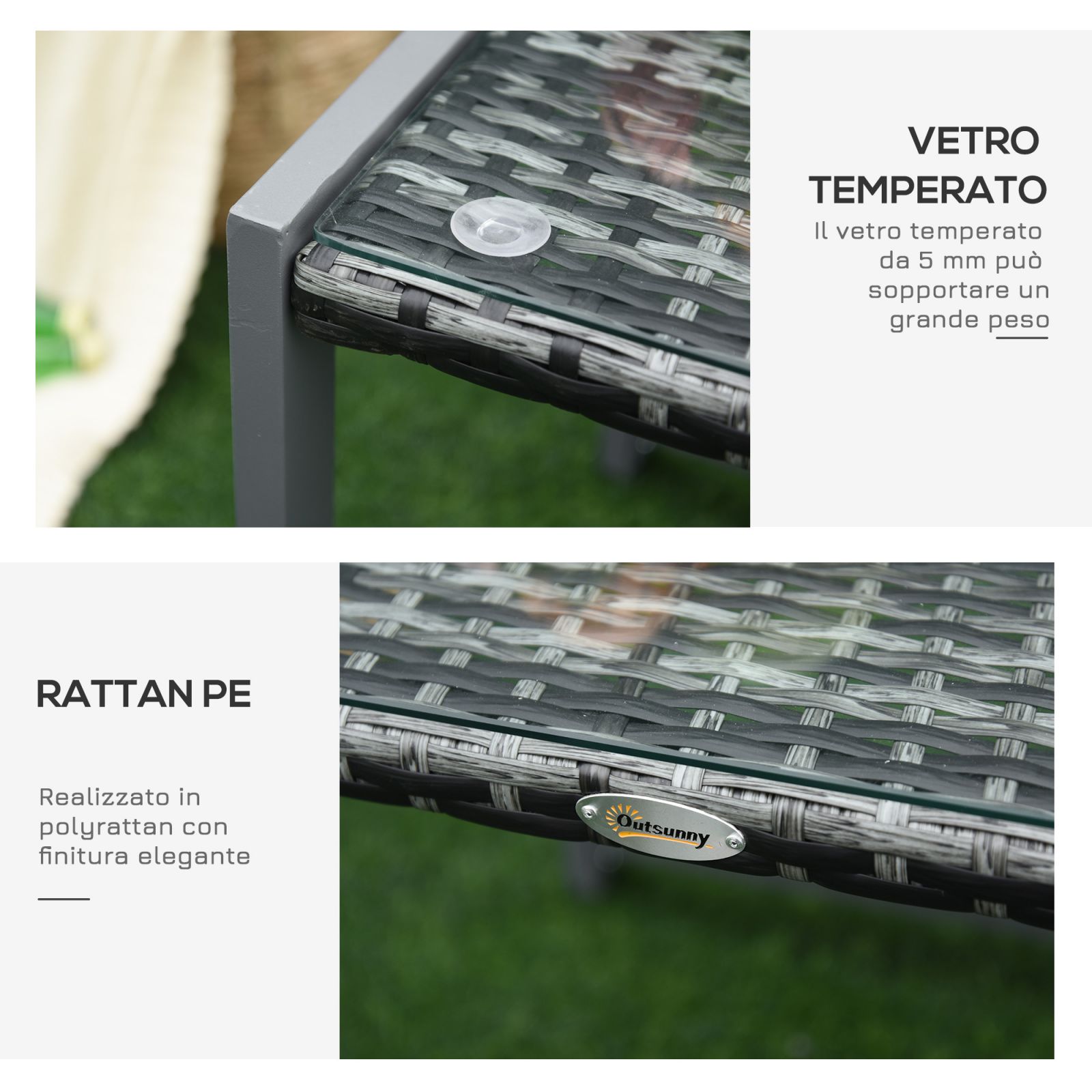 Easycomfort Tavolino da Caffè da Giardino Piano in Vetro Temperato in Rattan Alluminio 50 x 49,5 x 50 cm