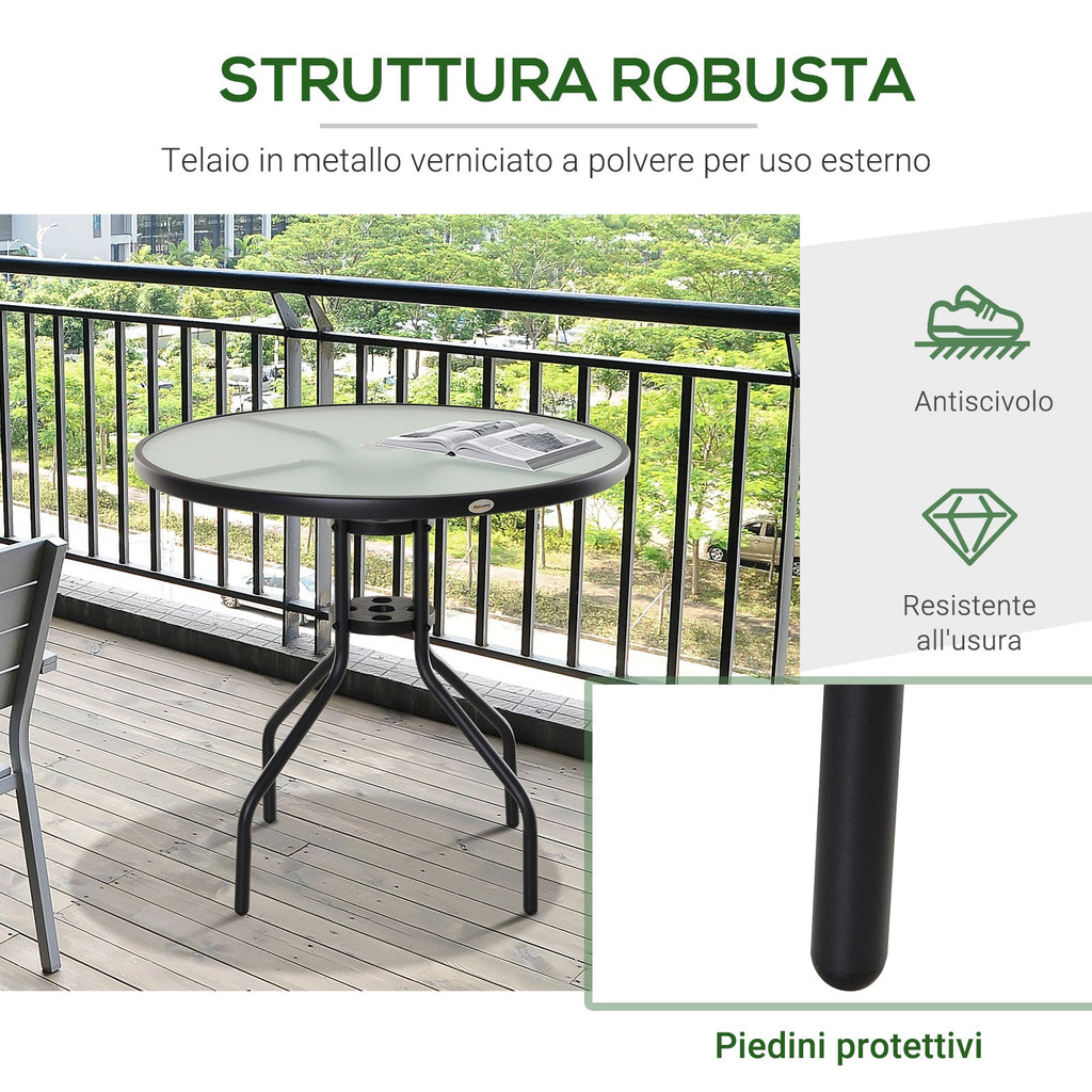 Easycomfort Tavolino da Giardino with Piano in Vetro Temperato e Foro per Ombrellone Acciaio Ф80 x 72 cm black