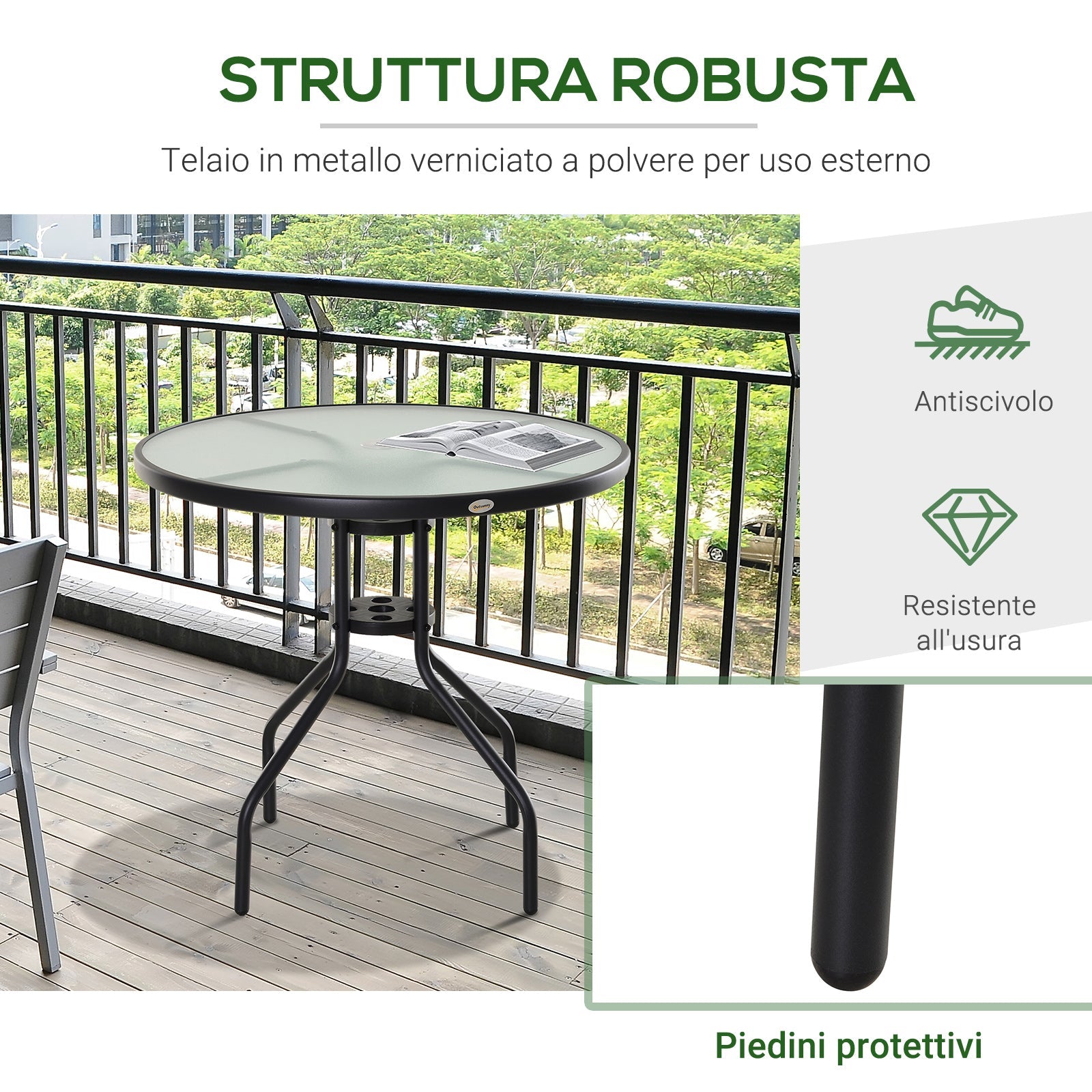 Easycomfort Tavolino da Giardino with Piano in Vetro Temperato e Foro per Ombrellone Acciaio Ф80 x 72 cm black