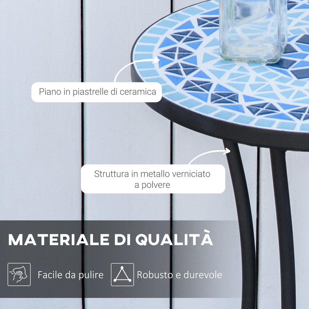 EASYCOMFORT Round Mosaic Garden Coffee Table in Metal with Ceramic Top, Ф35.5x53.5cm, Blue