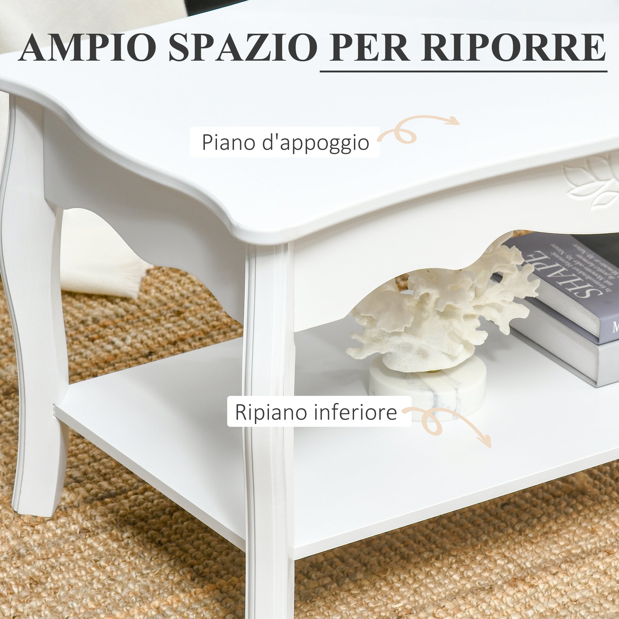 Easycomfort Tavolino da Salotto with Ampio Ripiano Portaoggetti Inferiore in Legno, 94x44x43cm, white