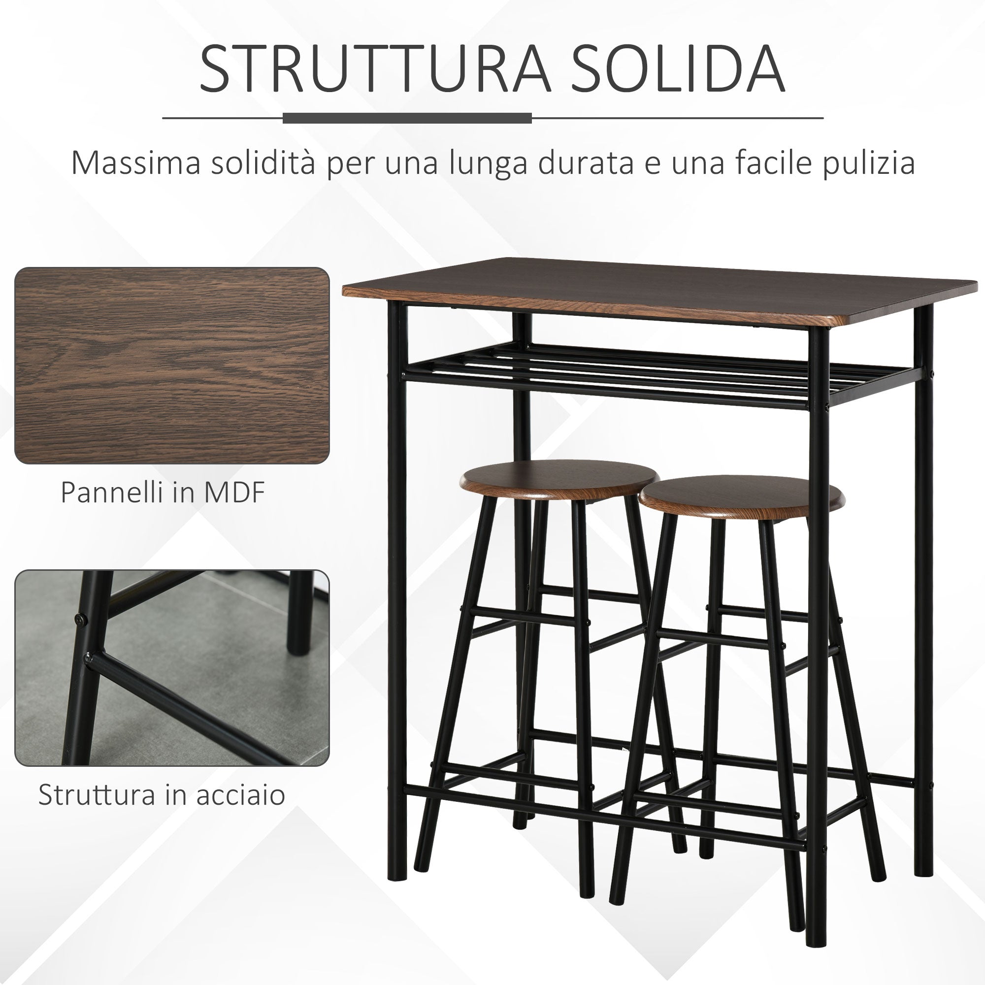 Easycomfort Tavolo Alto with 2 Sgabelli per Cucina, Soggiorno, Bar, Struttura in Acciaio with Poggiapiedi e Mensola