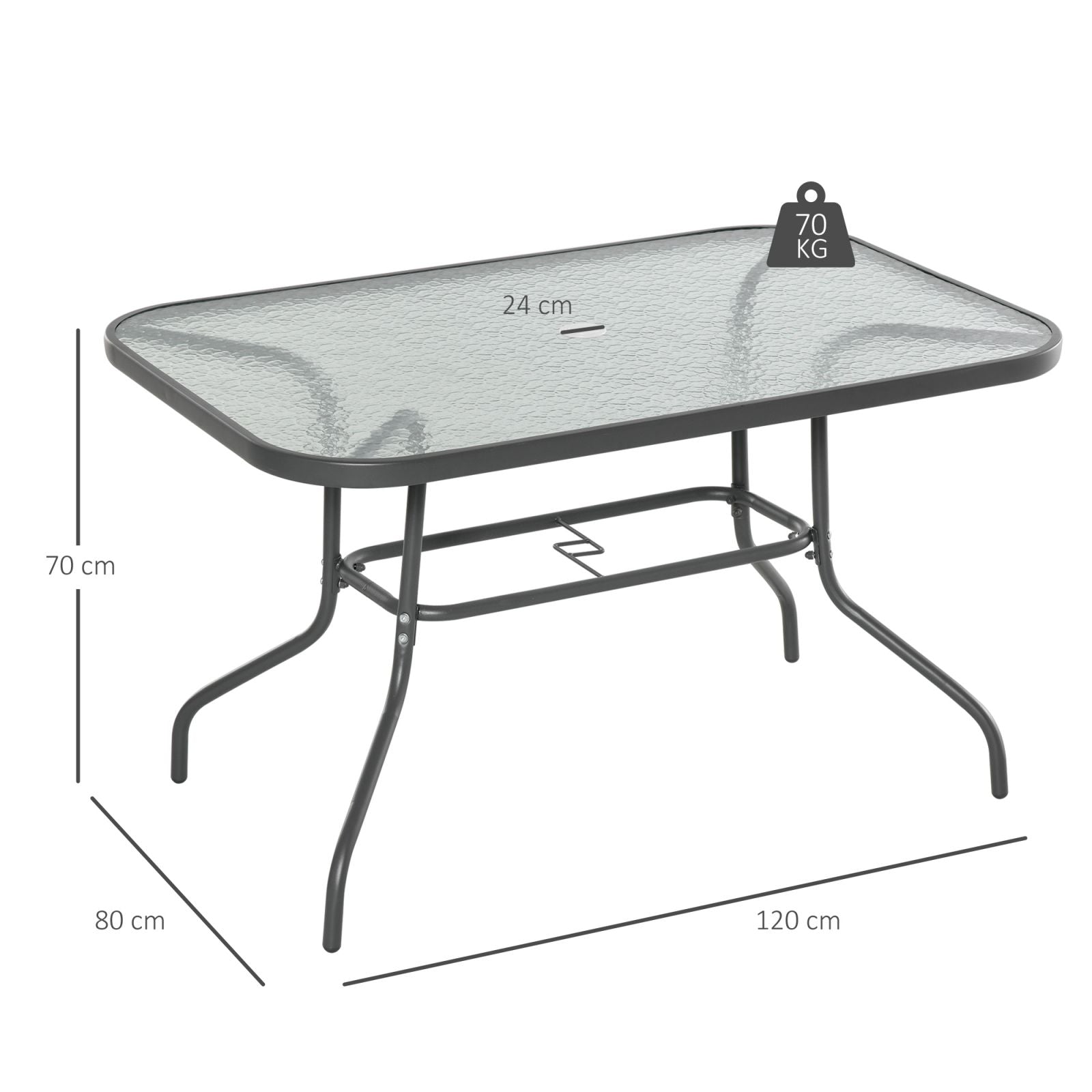 Easycomfort Tavolo da Giardino with Foro per Ombrellone, Arredamento da Esterno in Metallo e Vetro 120x80x70cm Grigio