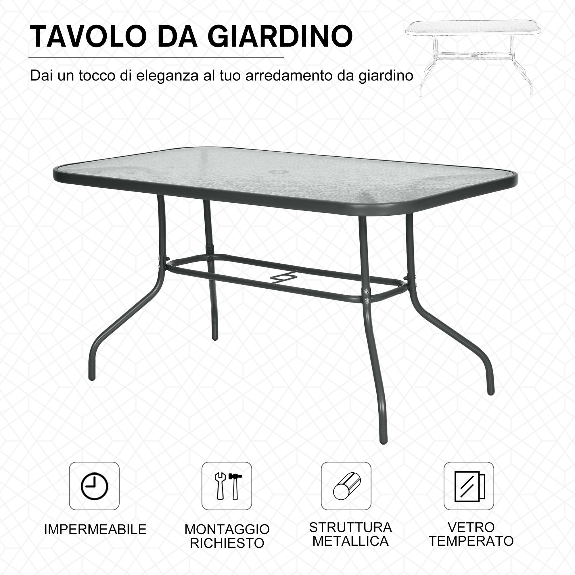 Easycomfort Tavolo da Giardino with Foro per Ombrellone, Arredamento da Esterno in Metallo e Vetro 140x80x70cm Grigio
