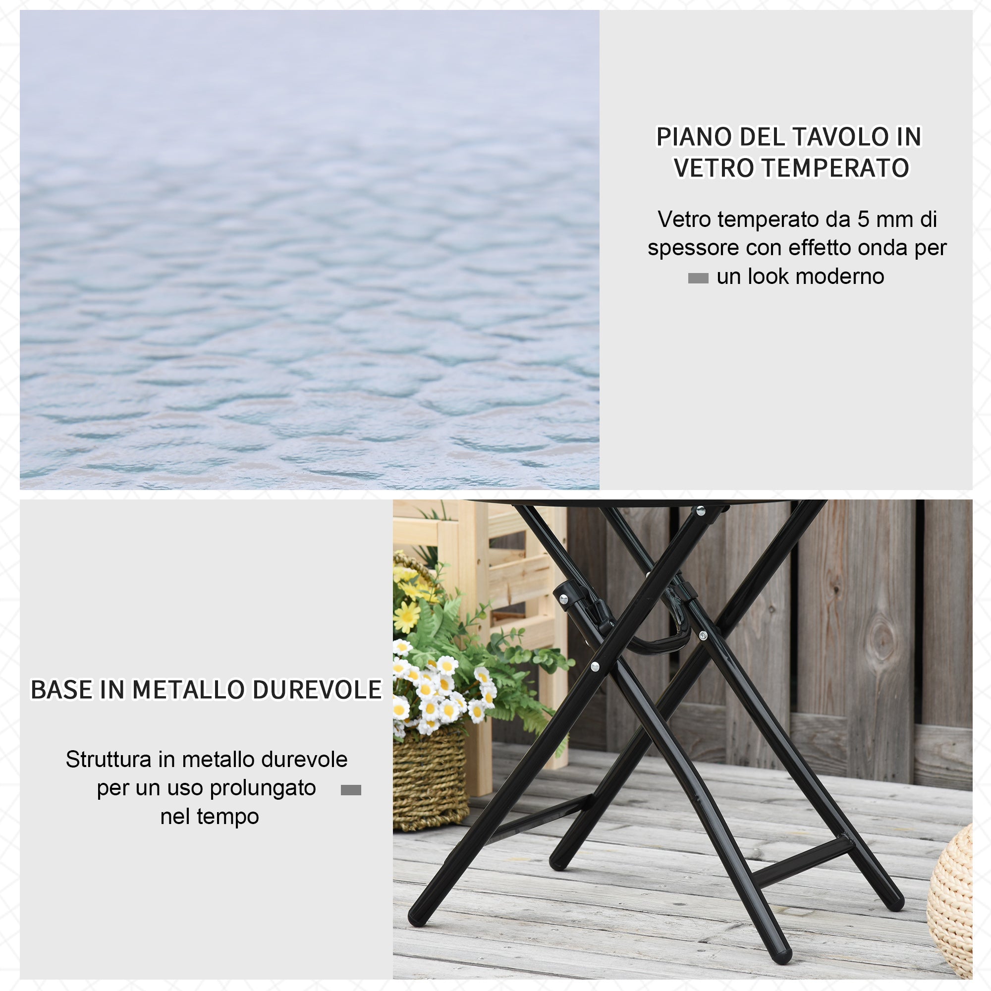 Easycomfort Tavolo da Giardino Pieghevole in Metallo, Tavolino da Giardino Piccolo with Ripiano in Vetro e Blocco di Sicurezza, Φ45x50cm black