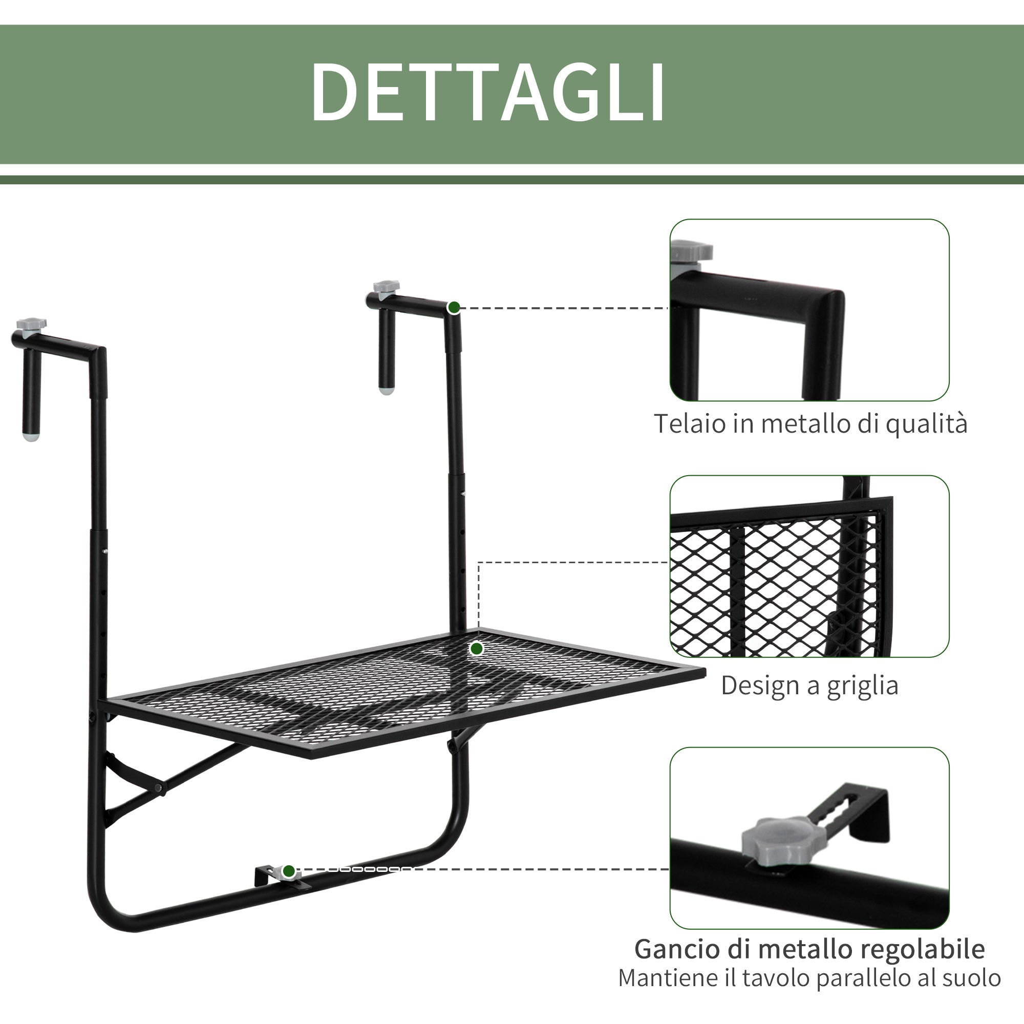 Easycomfort Tavolo da Ringhiera Pieghevole e Regolabile in Metallo, 60x60x57-72cm, black