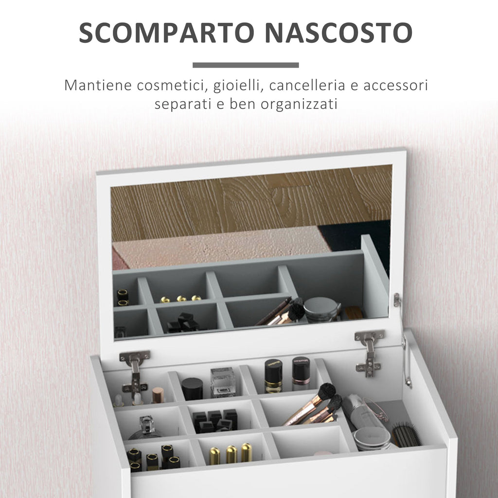 Easycomfort Tavolo da Trucco with Specchio Richiudibile, Tavolo da Trucco Moderno, with Sgabello, Vano Contenitore (10 Scomparti), MDF white, 60.2 x 40.2 x 79cm