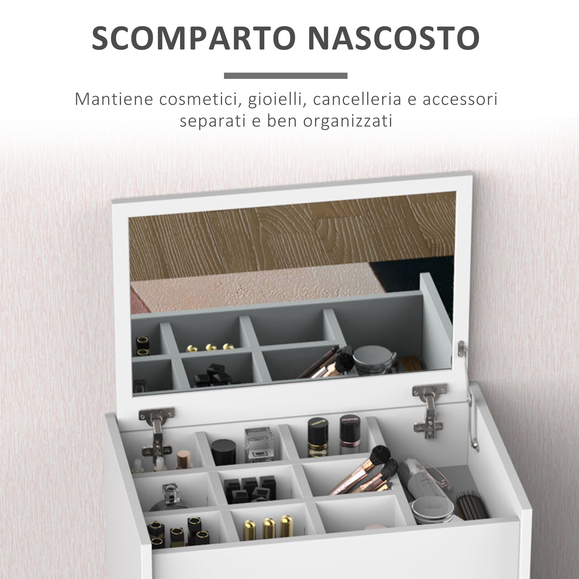Easycomfort Tavolo da Trucco with Specchio Richiudibile, Tavolo da Trucco Moderno, with Sgabello, Vano Contenitore (10 Scomparti), MDF white, 60.2 x 40.2 x 79cm