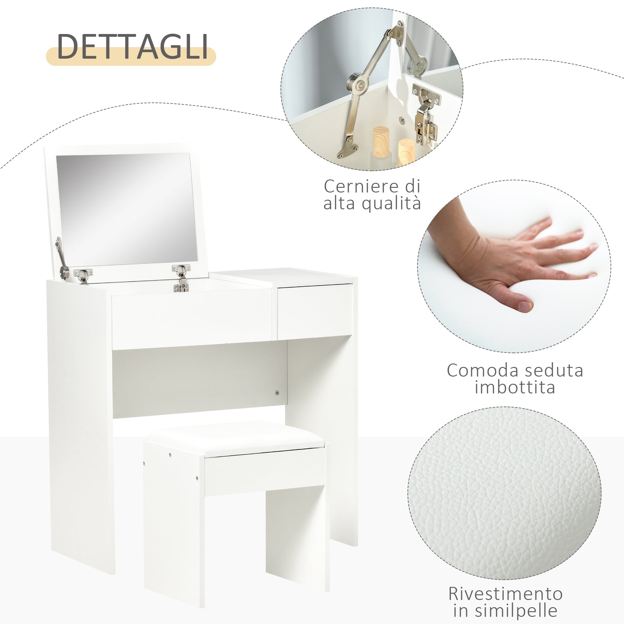 Easycomfort Tavolo da Trucco with Specchio Richiudibile, Tavolo da Trucco Moderno, with Sgabello, Vano Contenitore (4 Scomparti), MDF white, 80x40x79 cm