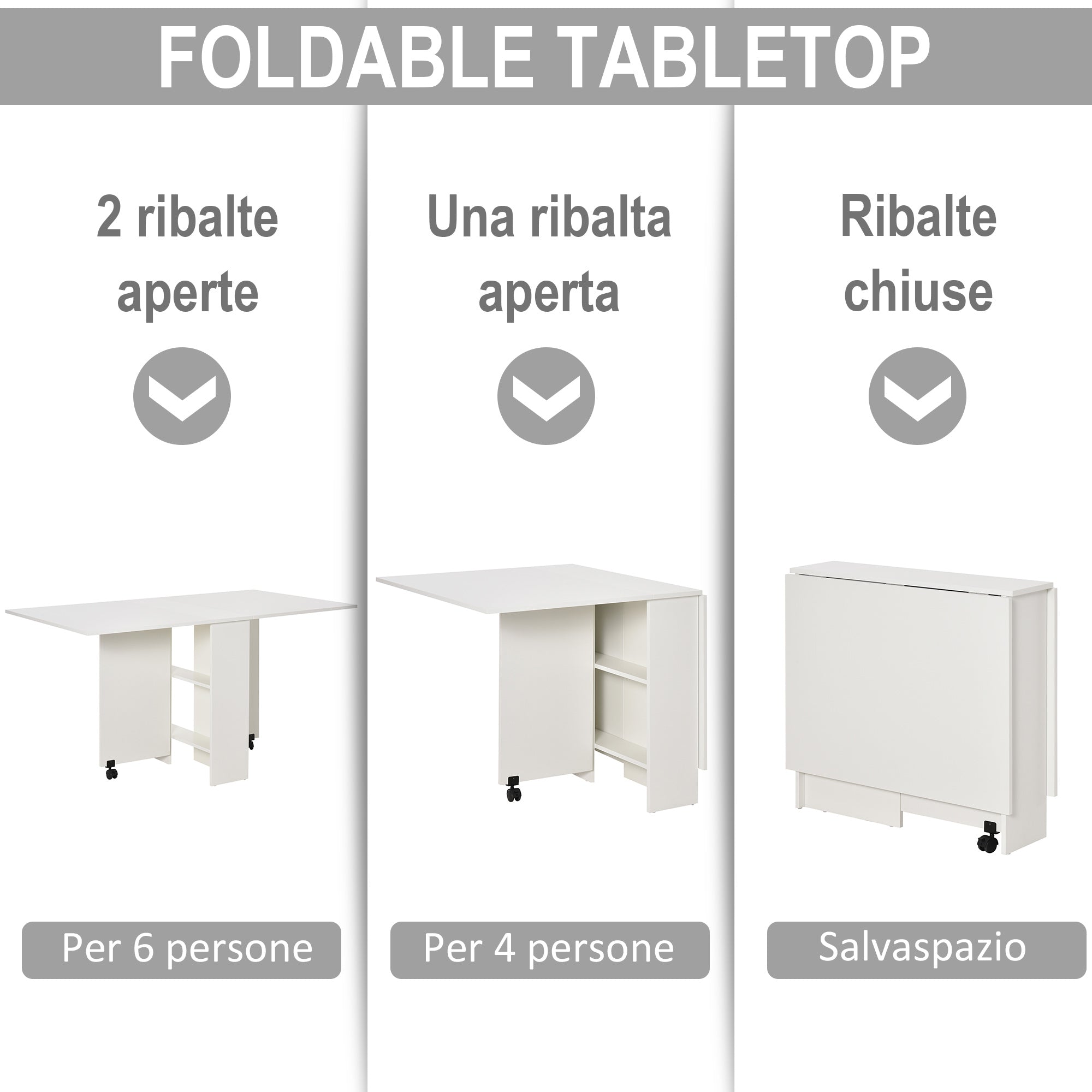 Easycomfort Tavolo Pieghevole Salvaspazio, 2 Ripiani Inferiori in Legno, Tavolo Richiudibile Salvaspazio, with Ruote per 6 Persone, 75P x 140l x 74H cm, white