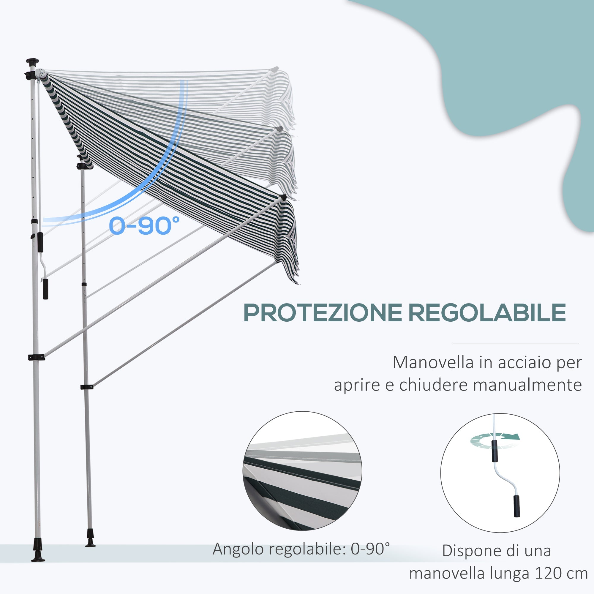 EASYCOMFORT Outdoor Roller Awning 2x1.5m with Crank, Adjustable Height and Angle, White and Green