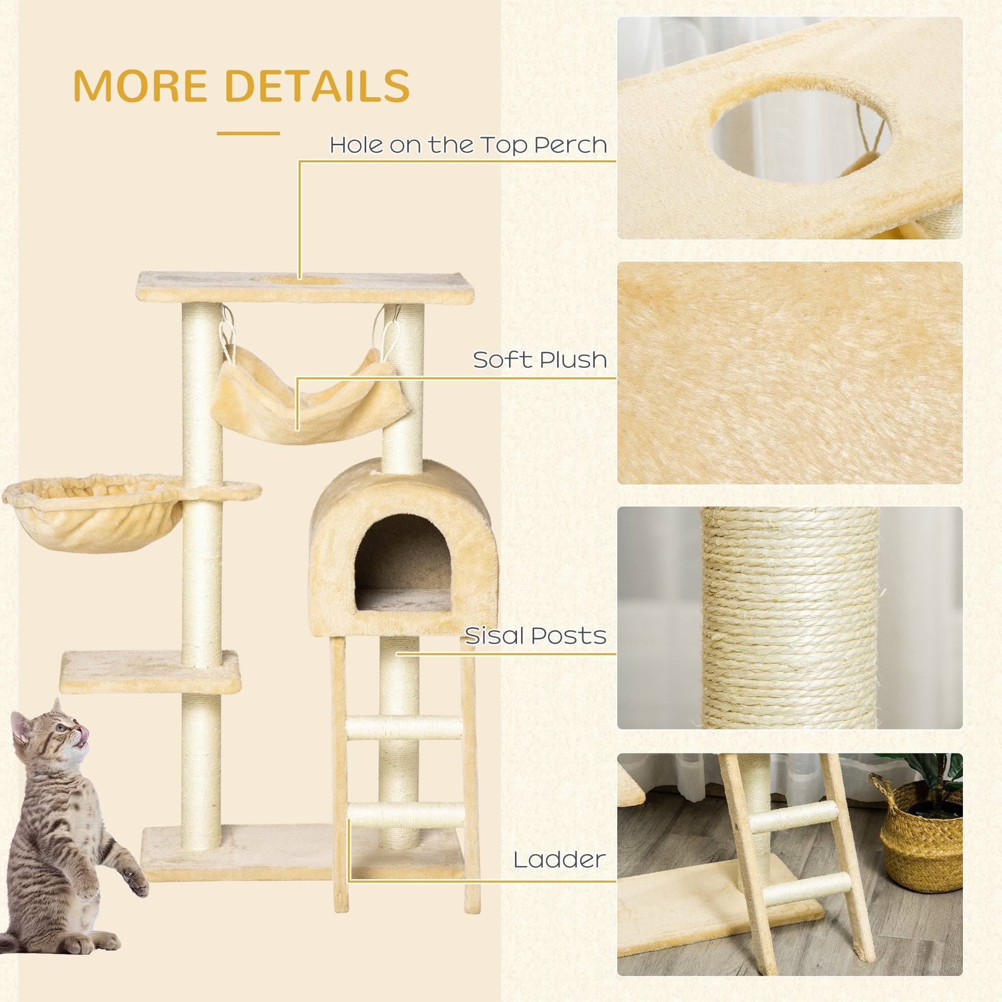 EASYCOMFORT Multilevel Cat Scratching Post with Hammock and House, Natural Sisal Ropes, 55×30×100cm