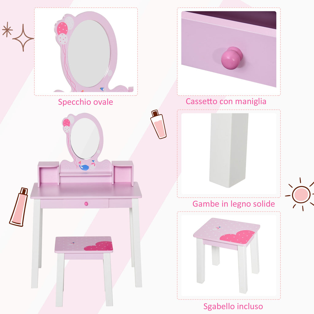 Easycomfort Toeletta per Bambine +3 Anni in Legno, Set Tavolo da Trucco Giocattolo with Specchio e Sgabello, Rosa